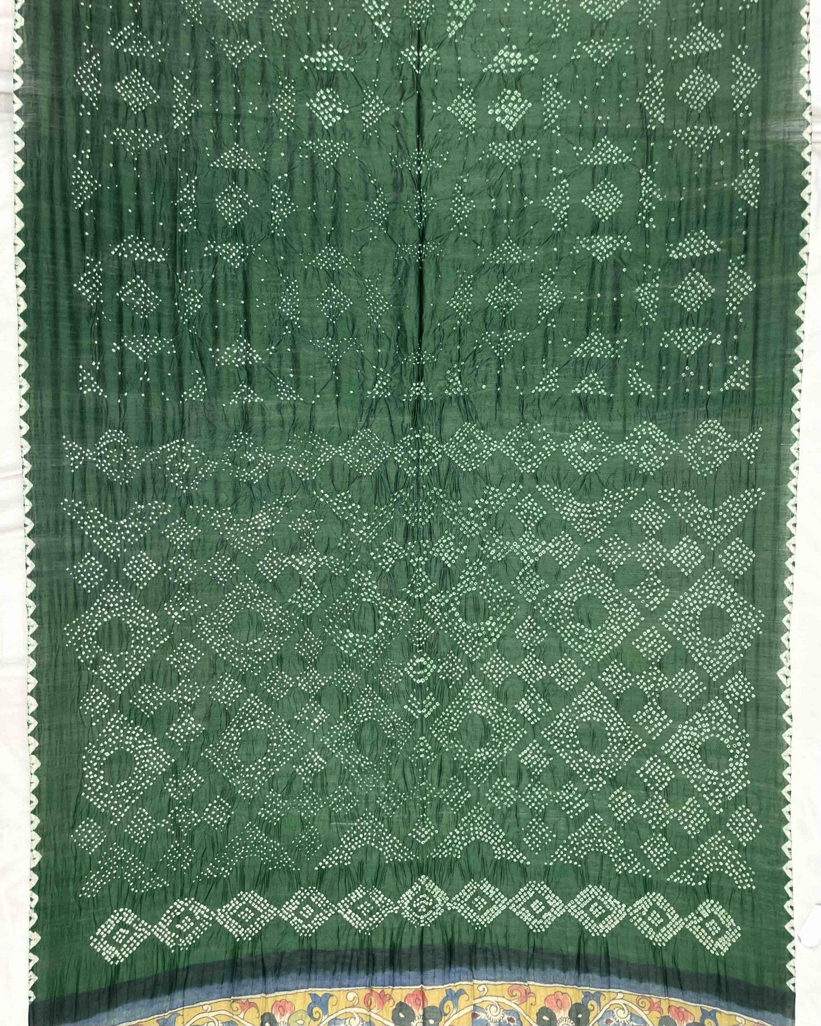 Green Munga Silk Pen Kamalkari Bandhani Saree - SindhoiPatolaArt