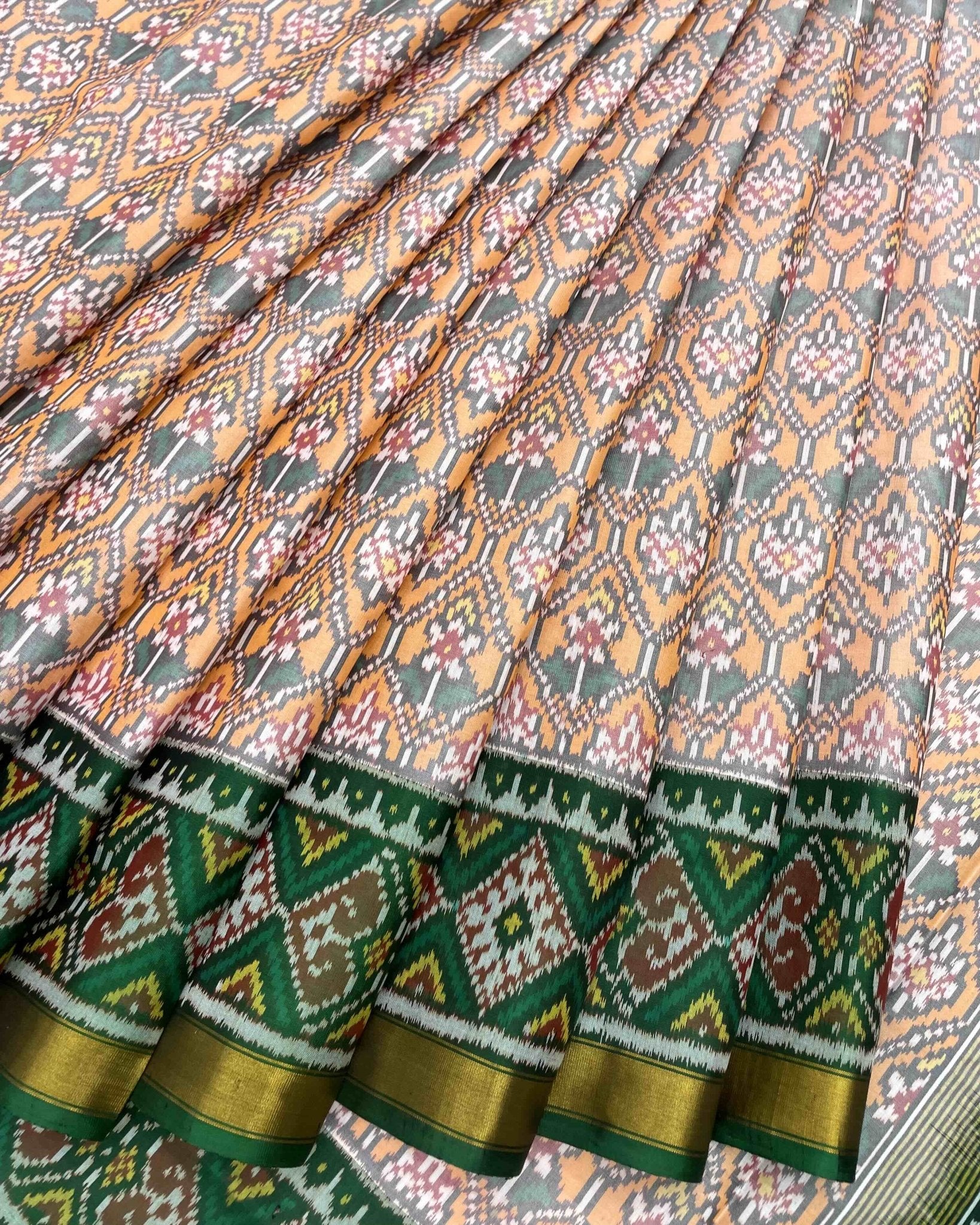 Green & Orange Flower Designer Patola Saree - SindhoiPatolaArt