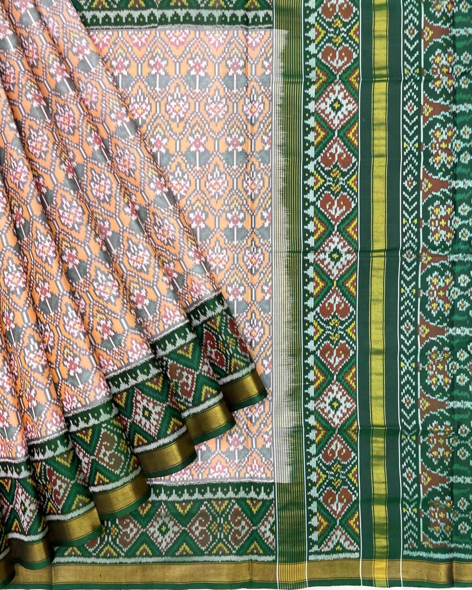Green & Orange Flower Designer Patola Saree - SindhoiPatolaArt
