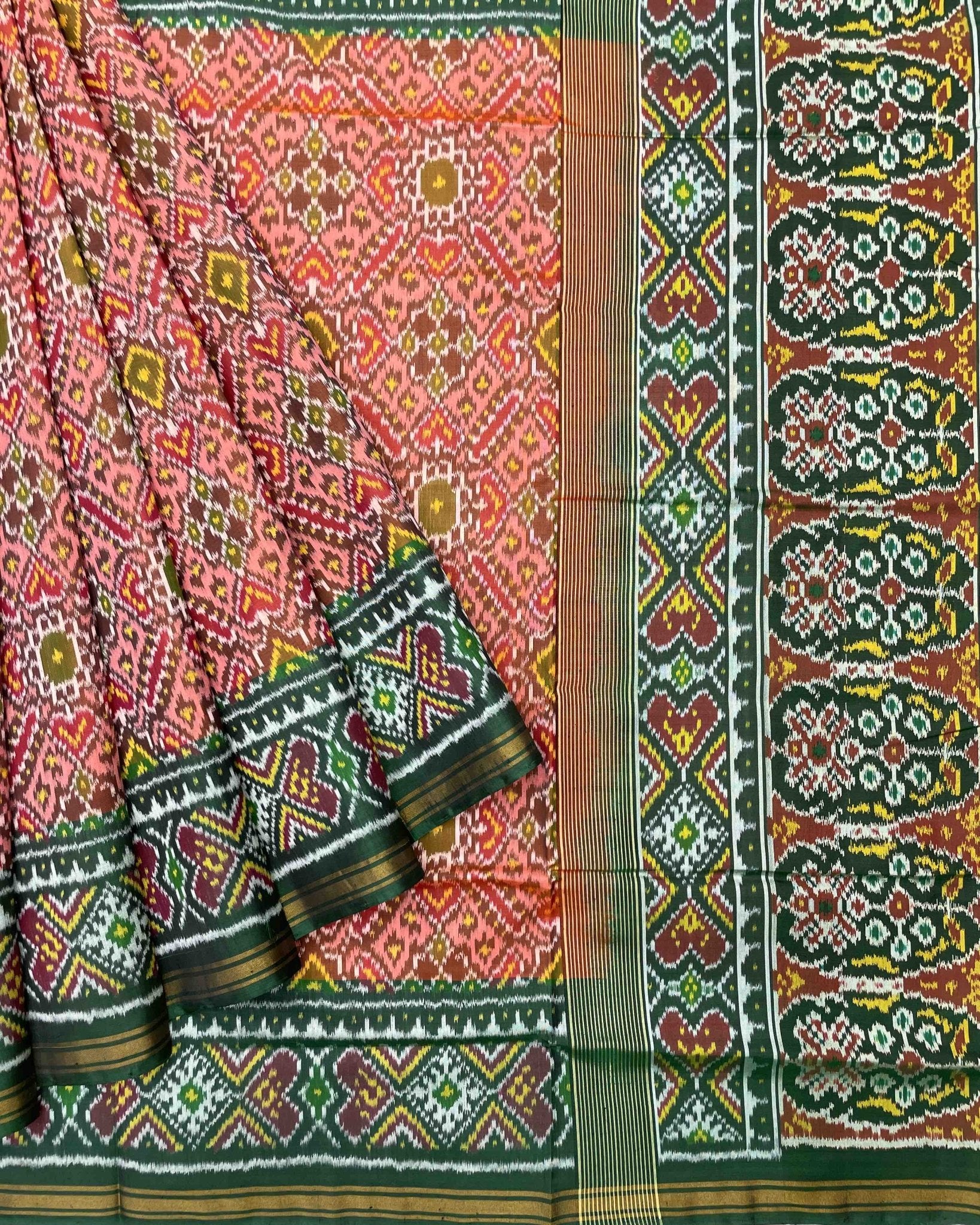 Green & Peach Manekchowk Designer Patola Saree - SindhoiPatolaArt