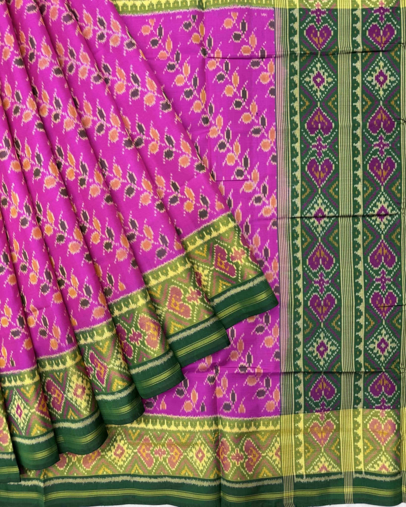 Green & Pink Leheriya Leaves Patola Saree - SindhoiPatolaArt