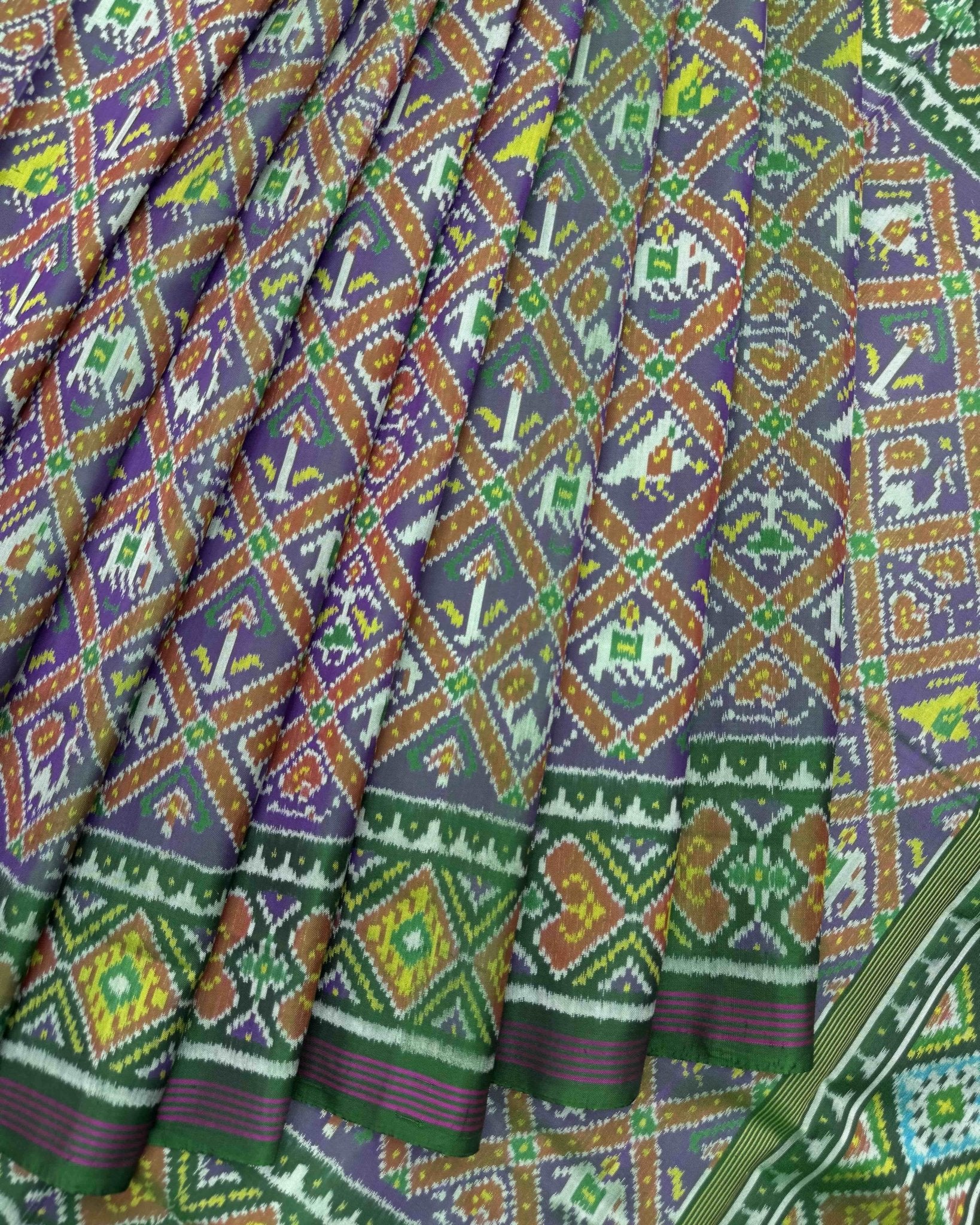 Green & Purple Small Narikunj Semi Double Ikat Patola Saree - SindhoiPatolaArt