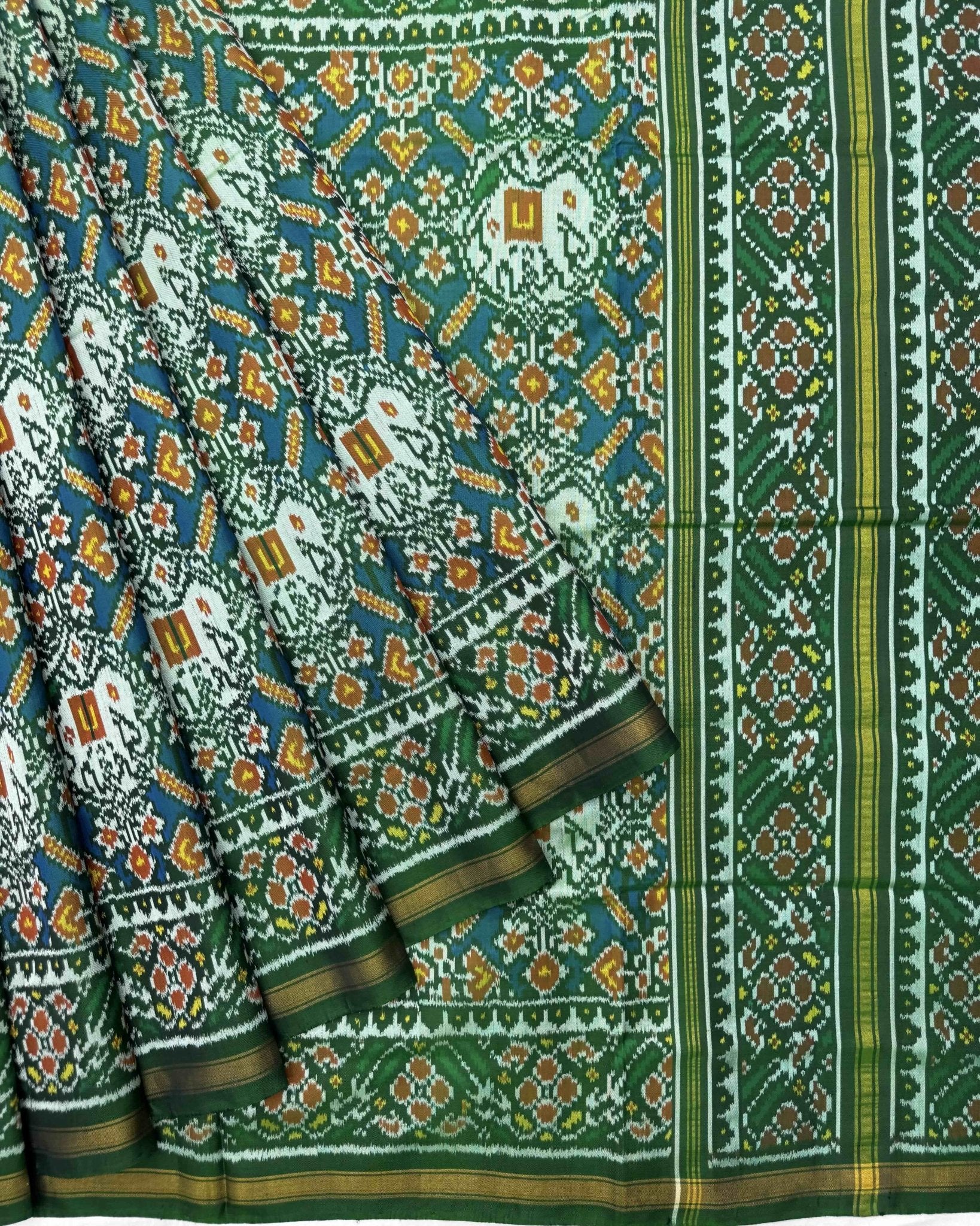 Green & Rama Blue Manekchok Elephant Semi Double Ikat Patola Saree - SindhoiPatolaArt