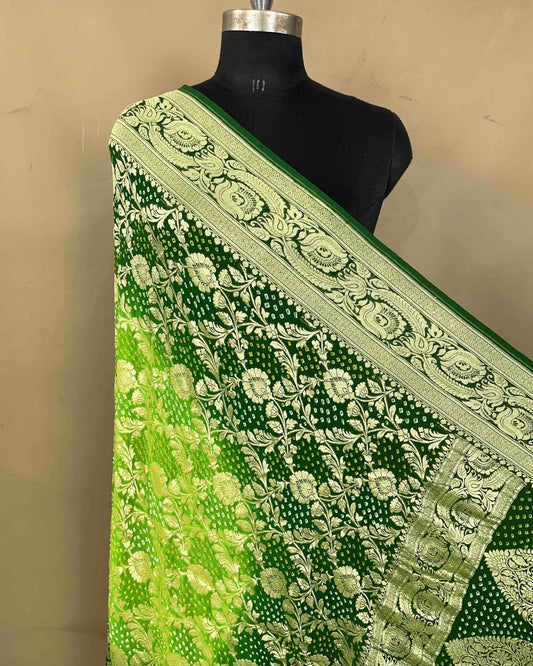 Green Shaded Georgette Bandhani Dupatta - SindhoiPatolaArt