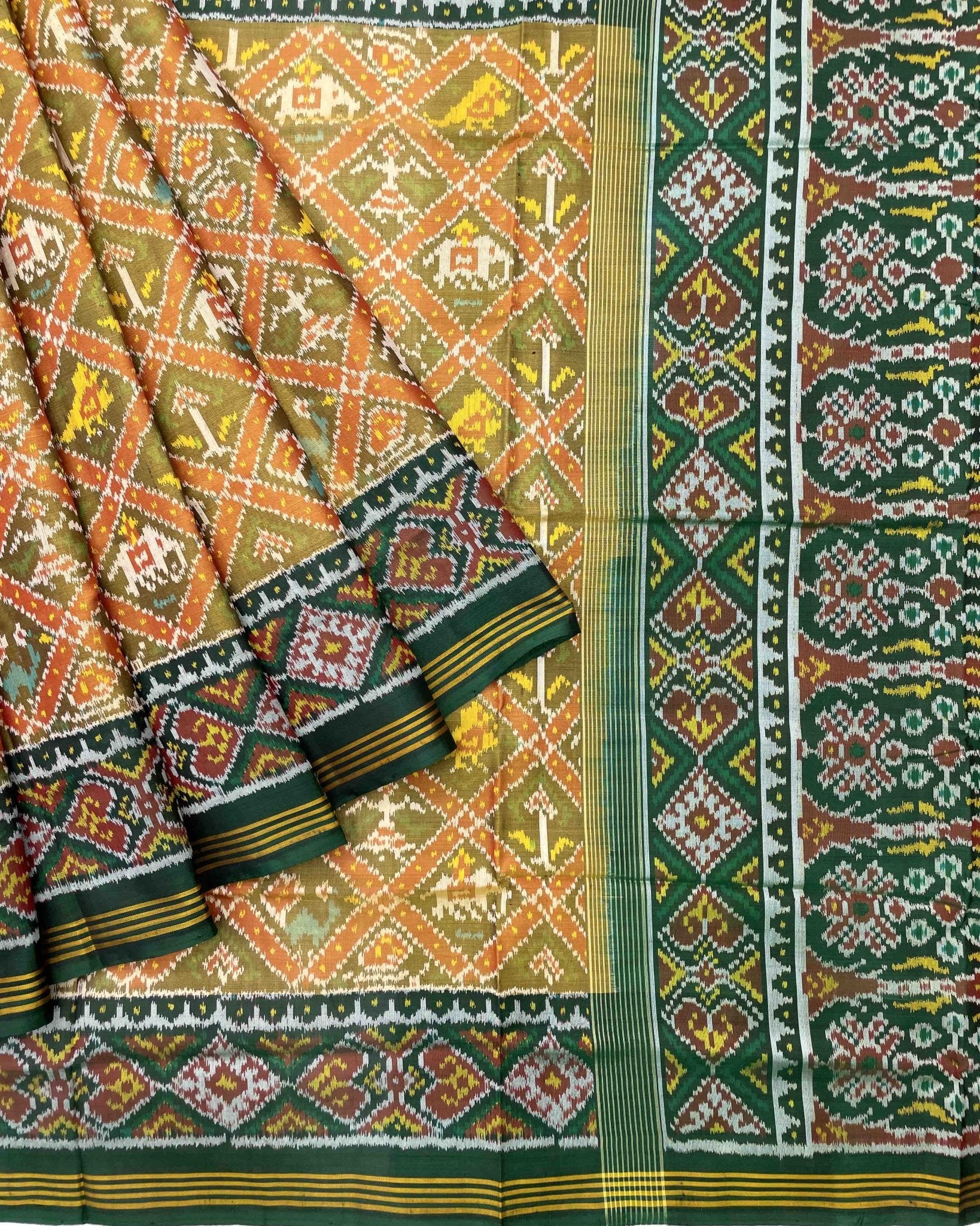 Green & Yellow Narikunj Designer Patola Saree - SindhoiPatolaArt