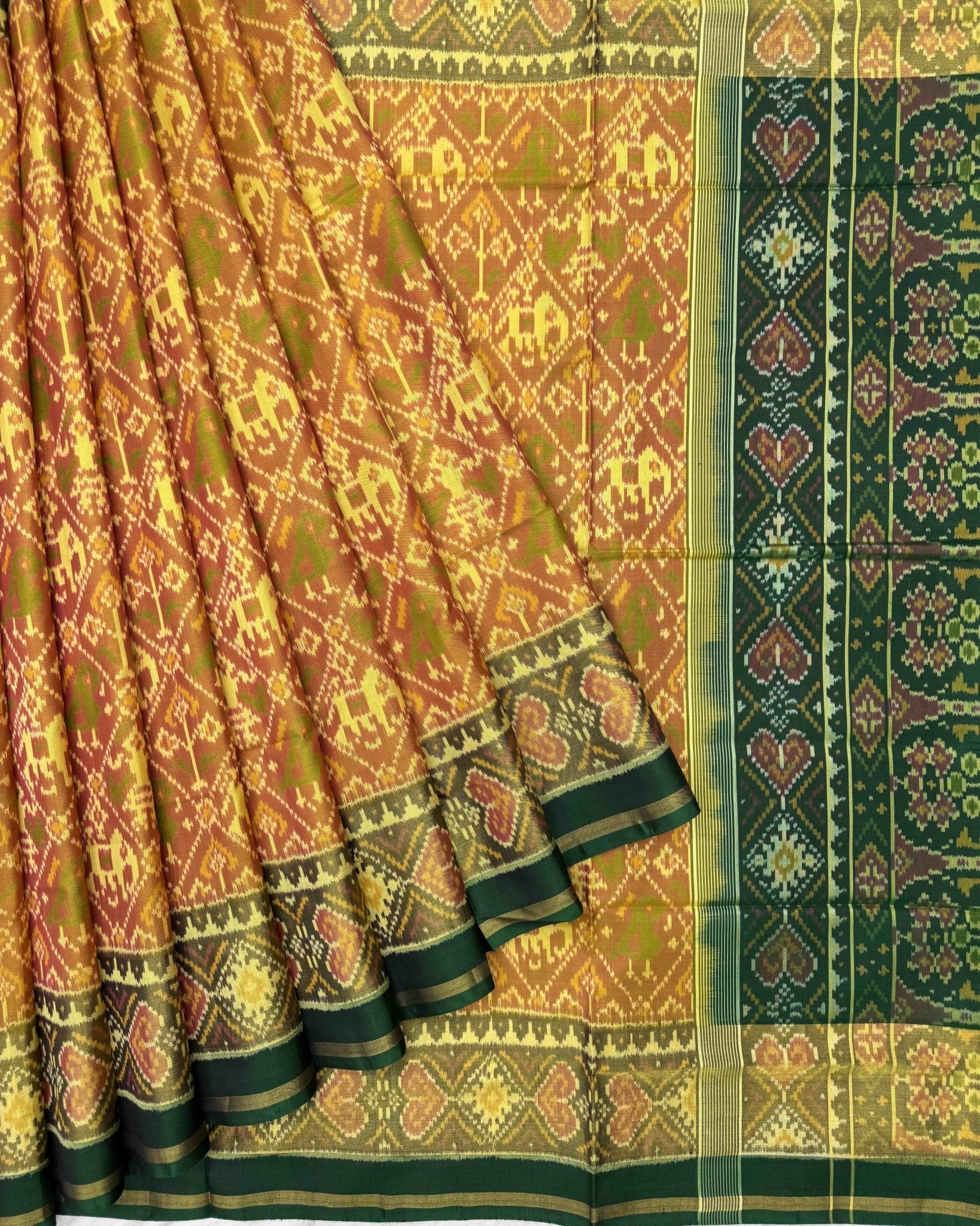 Green & Yellow Narikunj Patola Saree - SindhoiPatolaArt