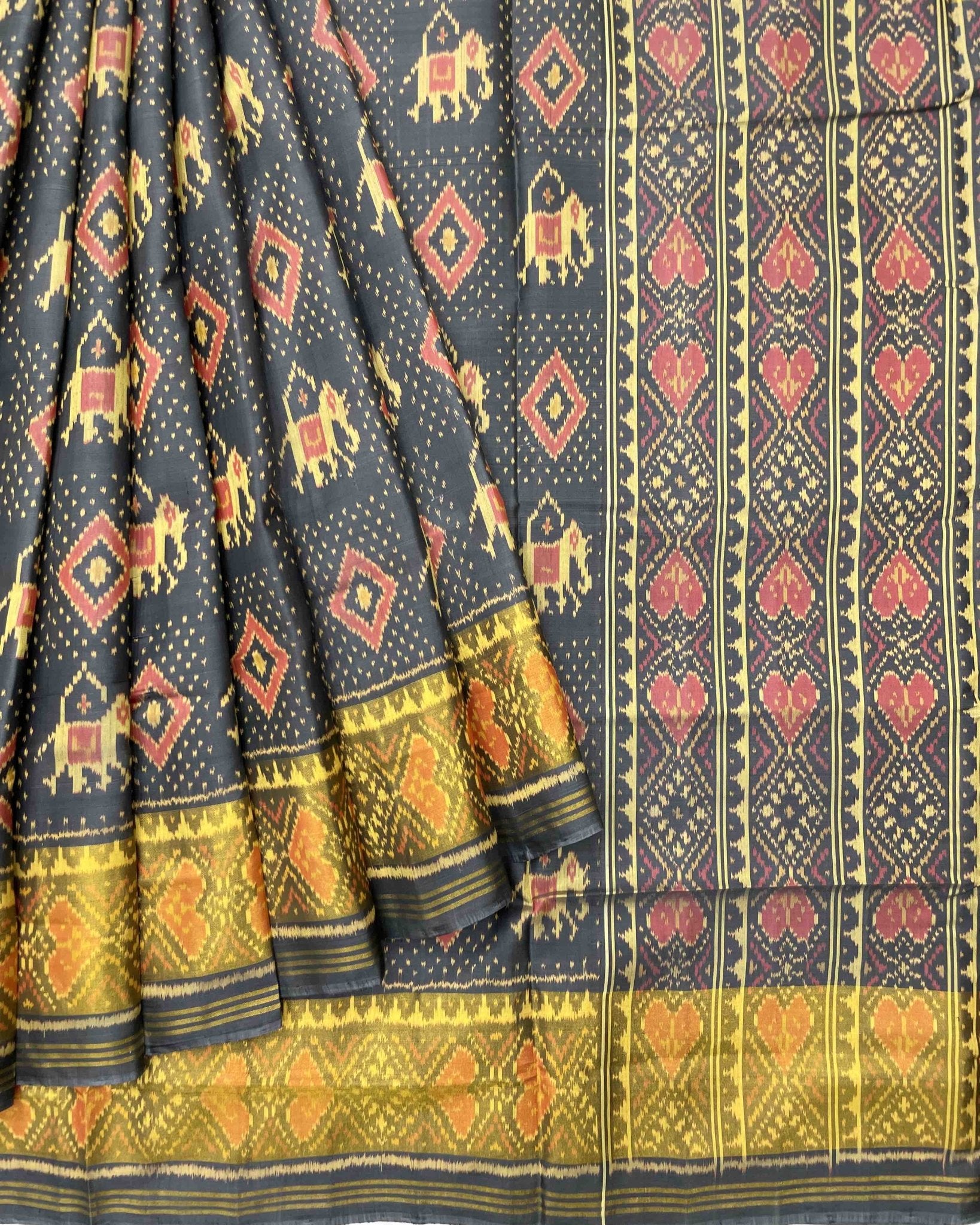 Grey Elephant Doted Designer Patola Saree - SindhoiPatolaArt