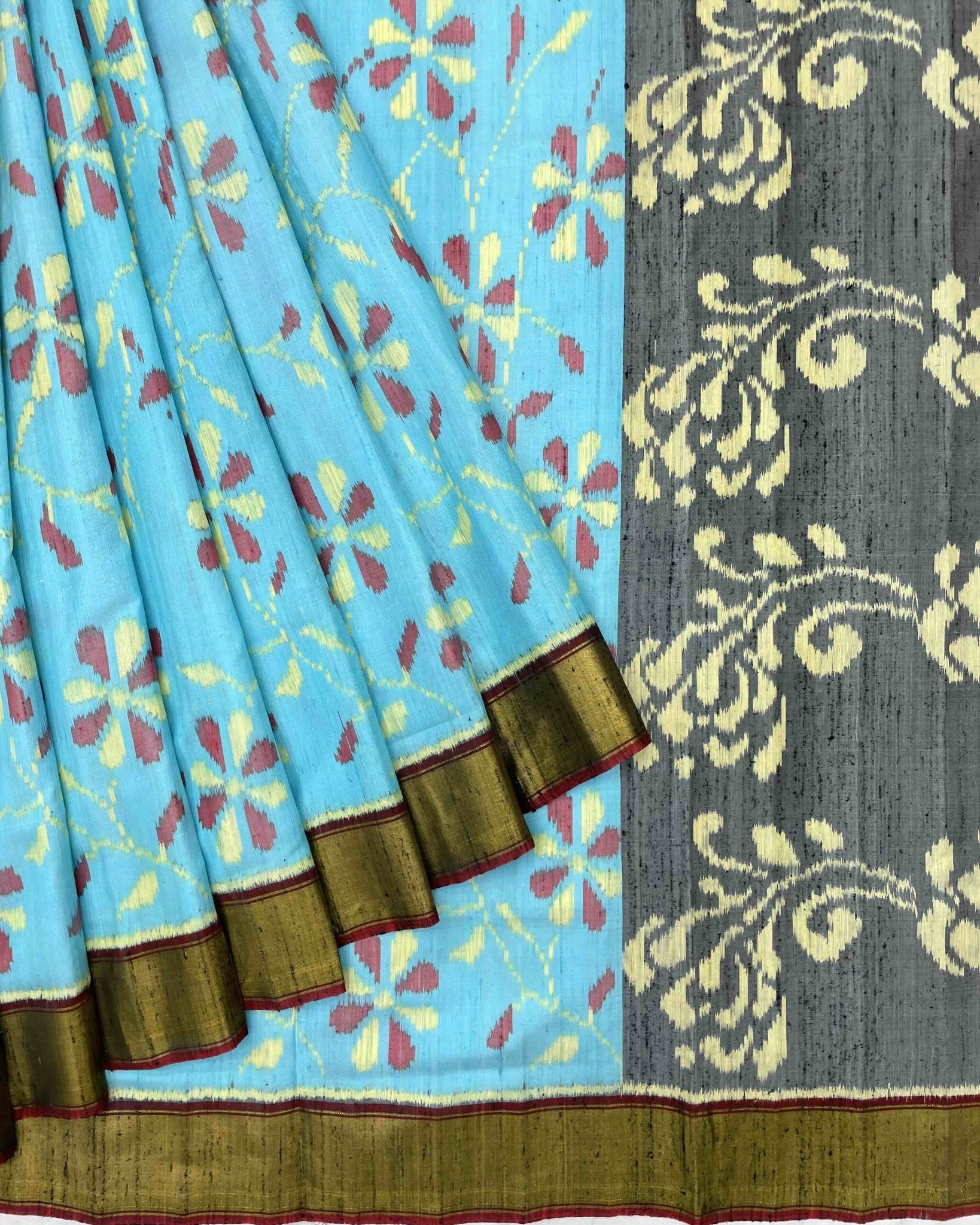 Grey & Sky Blue Fancy Flower Raw Silk Patola Saree - SindhoiPatolaArt