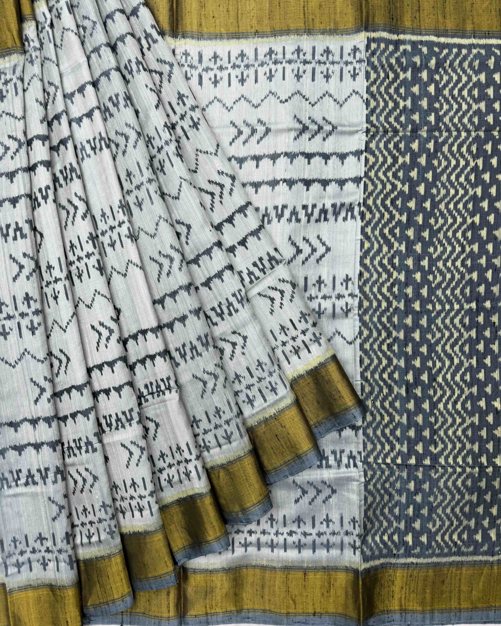 Grey & White Fancy Raw Silk Patola Saree - SindhoiPatolaArt