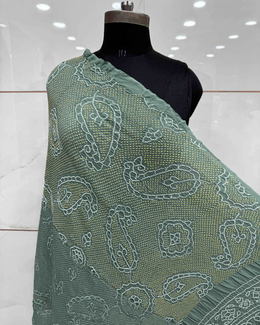 Greyish Green Georgette Bandhani Dupatta - SindhoiPatolaArt