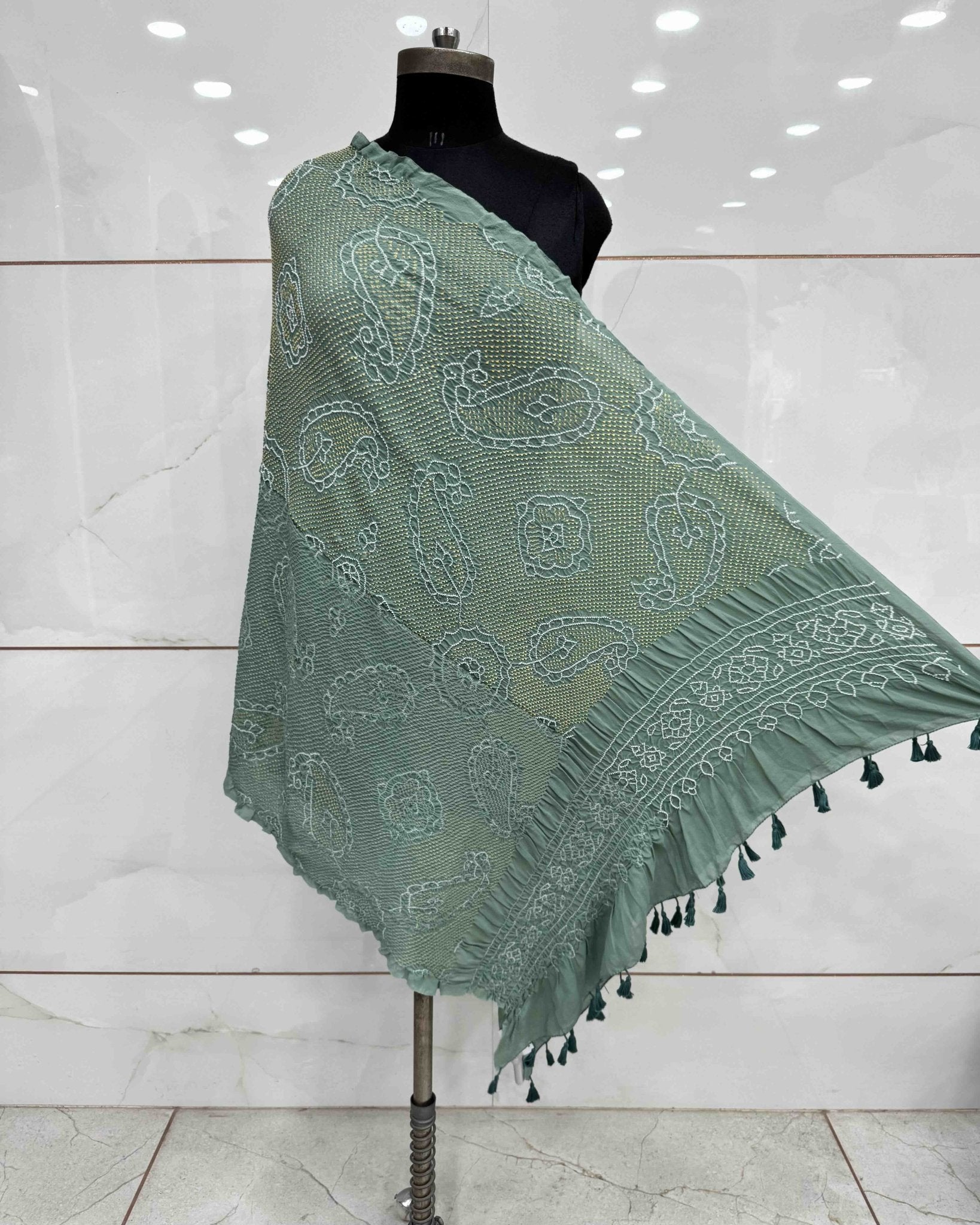 Greyish Green Georgette Bandhani Dupatta - SindhoiPatolaArt