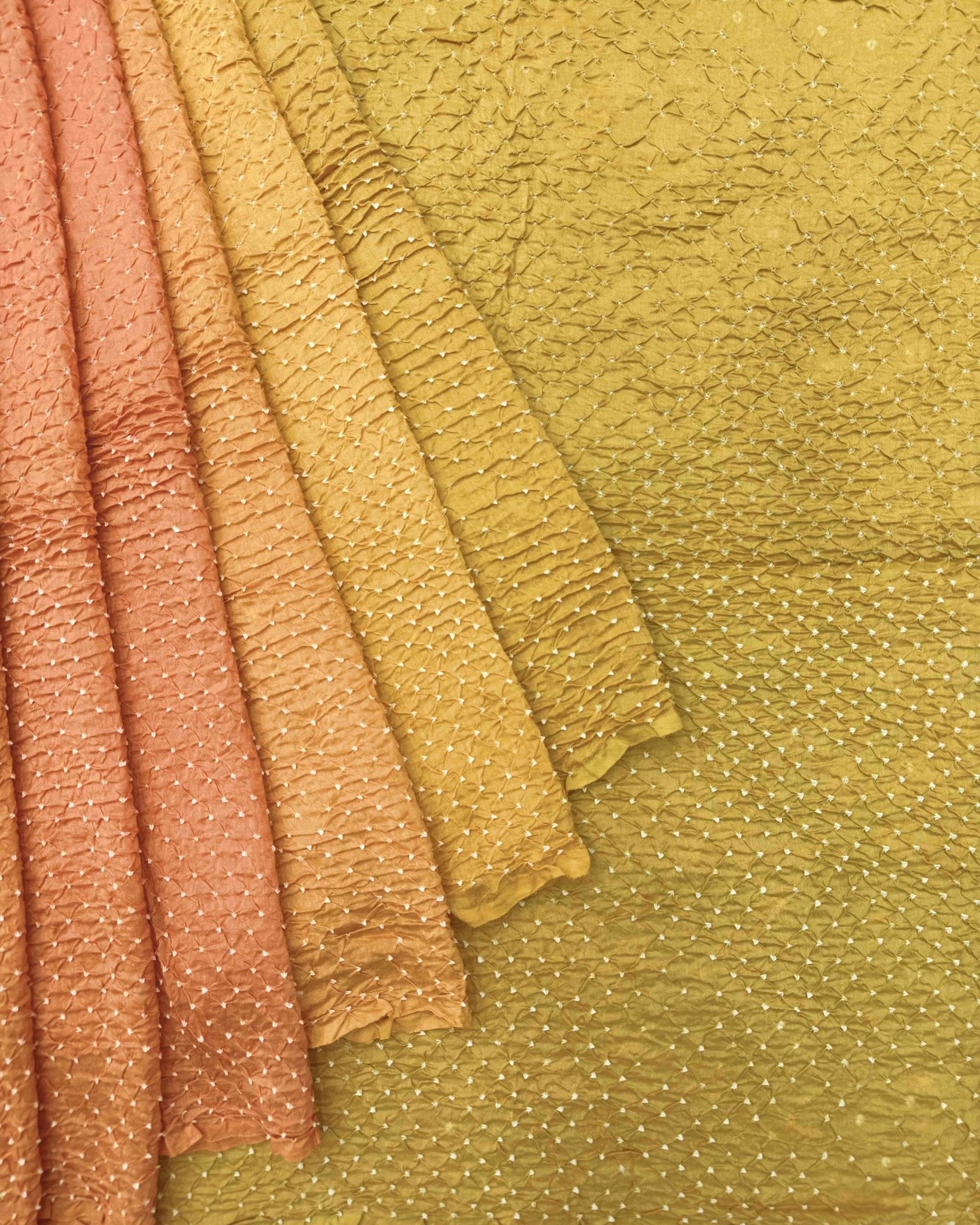 Light Golden Yellow & Peach Shaded Munga Silk Bandhani Saree - SindhoiPatolaArt