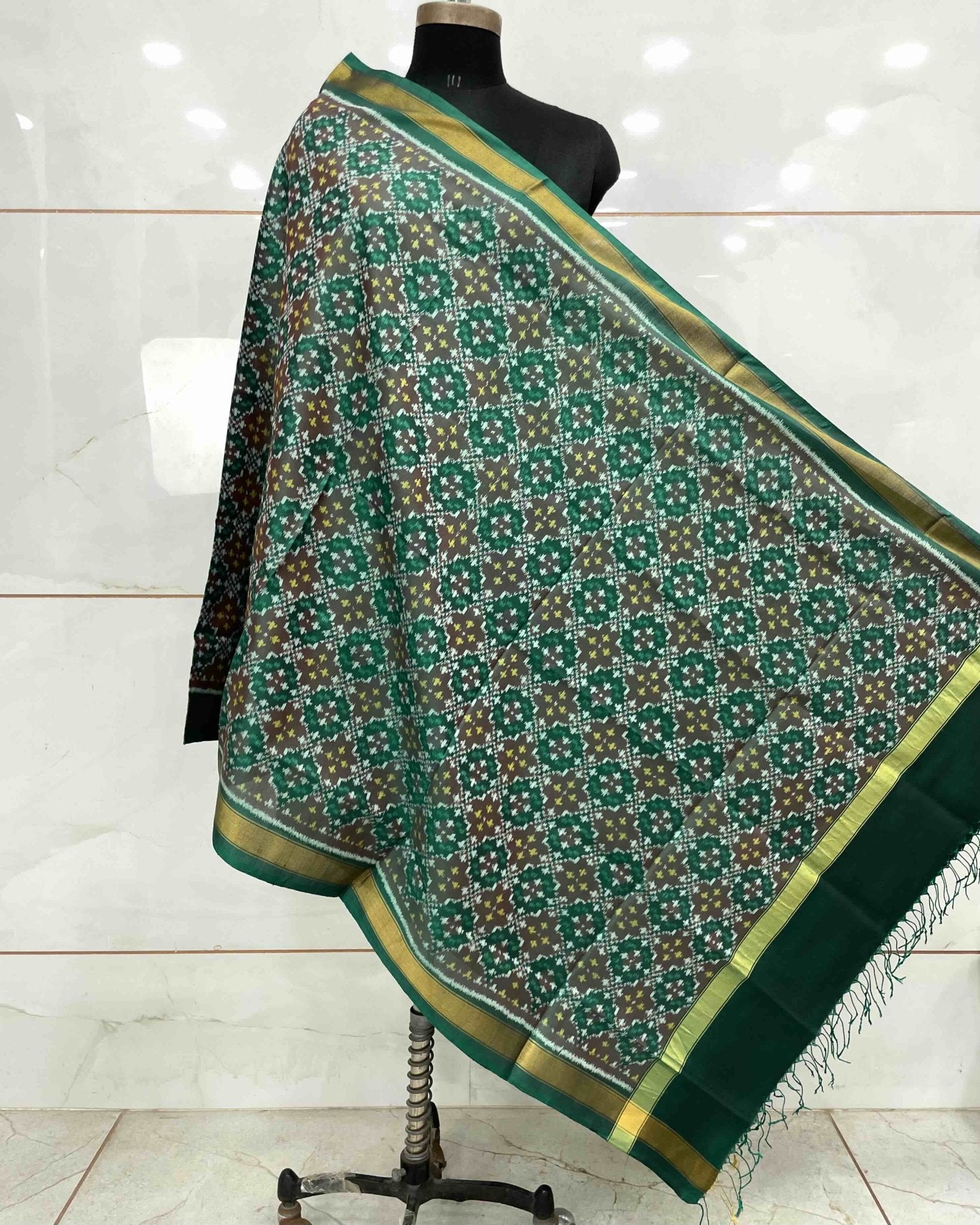 Light Green Buttonful Design Patola Dupatta - SindhoiPatolaArt