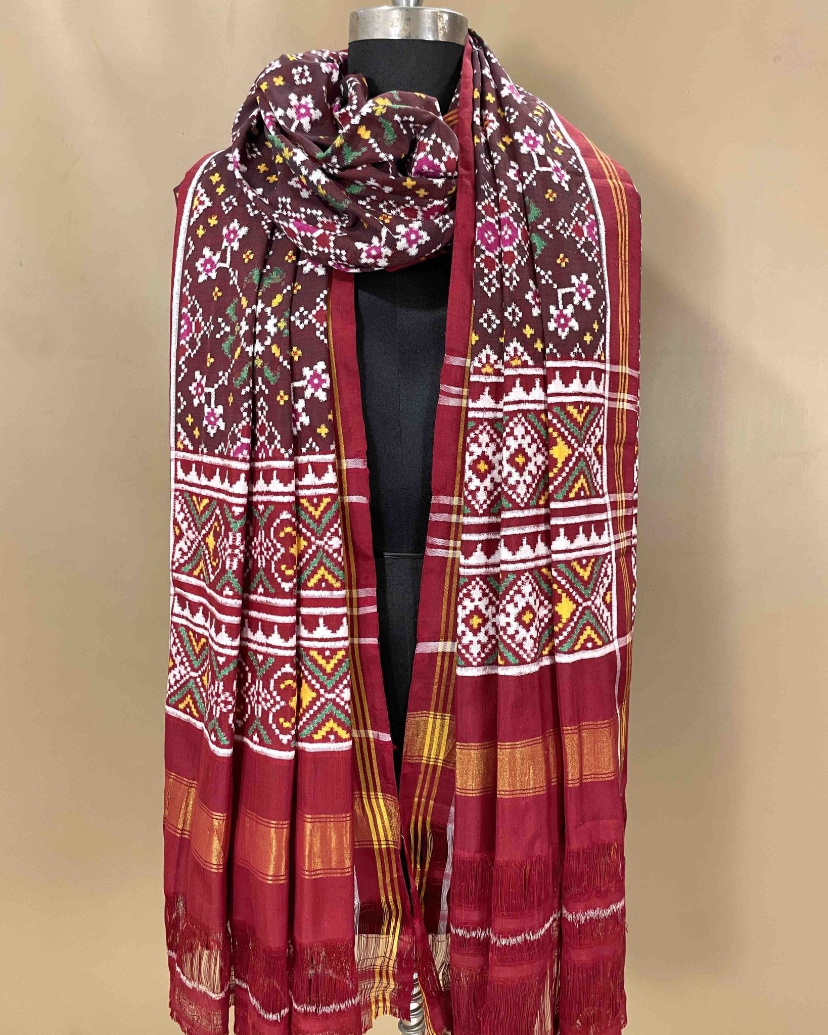 Maroon brown colour double ikat dupatta with navratna design - SindhoiPatolaArt