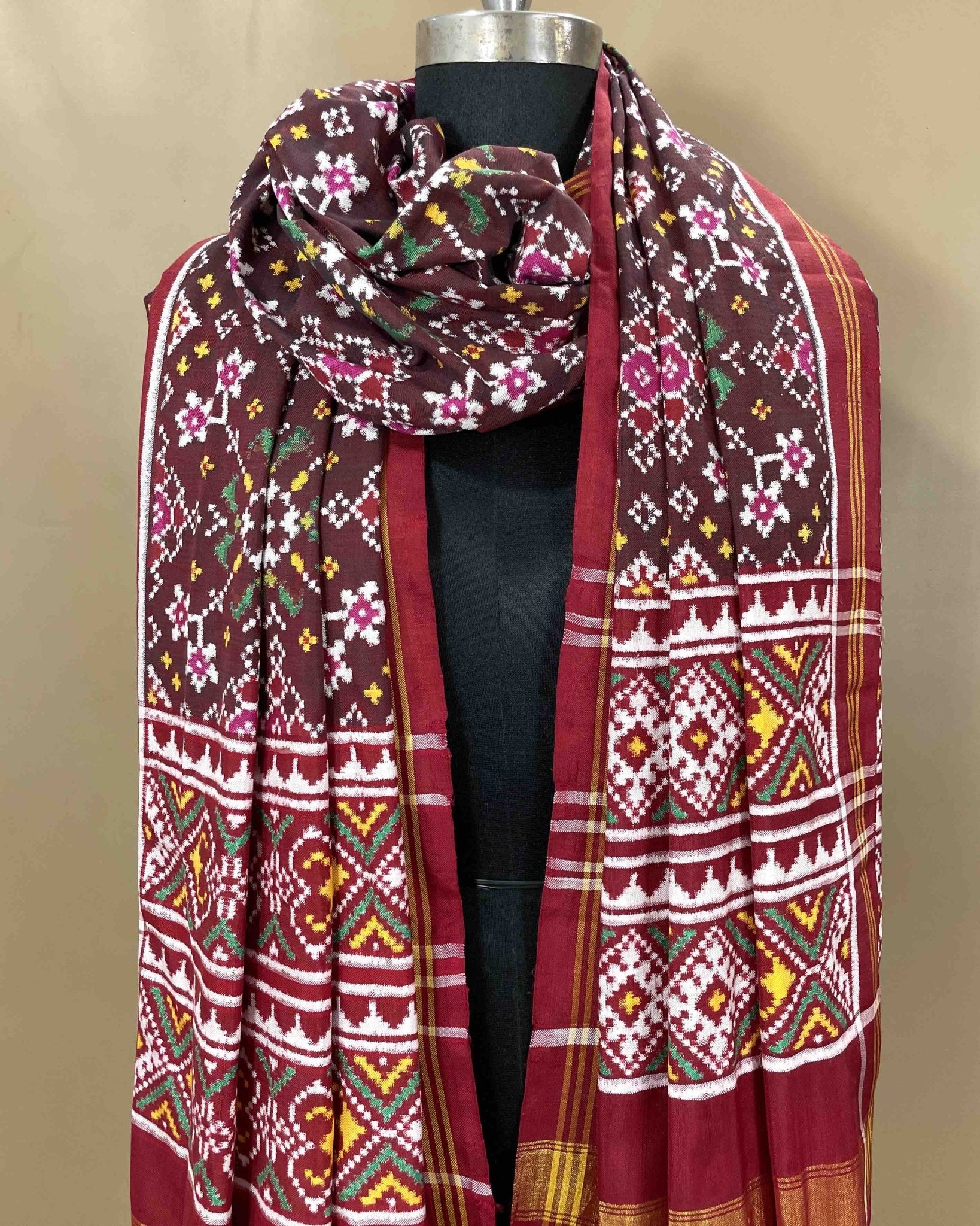 Maroon brown colour double ikat dupatta with navratna design - SindhoiPatolaArt