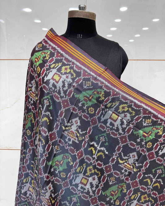 Maroon & Grey Narikunj Semi Double Ikat Patola Dupatta - SindhoiPatolaArt