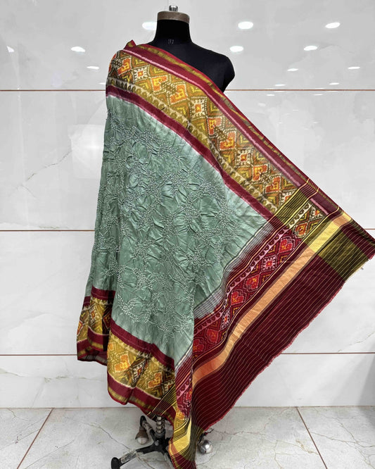 Maroon & Greyish Green Bandhani Patola Dupatta - SindhoiPatolaArt