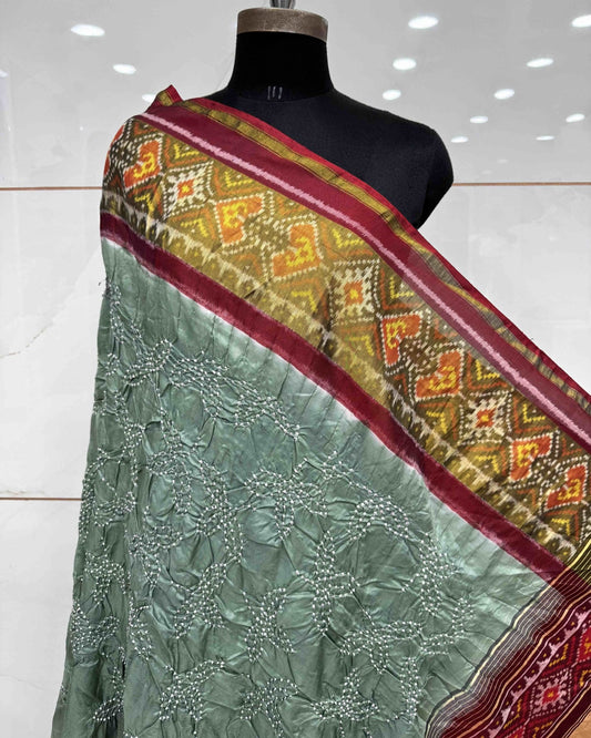 Maroon & Greyish Green Bandhani Patola Dupatta - SindhoiPatolaArt