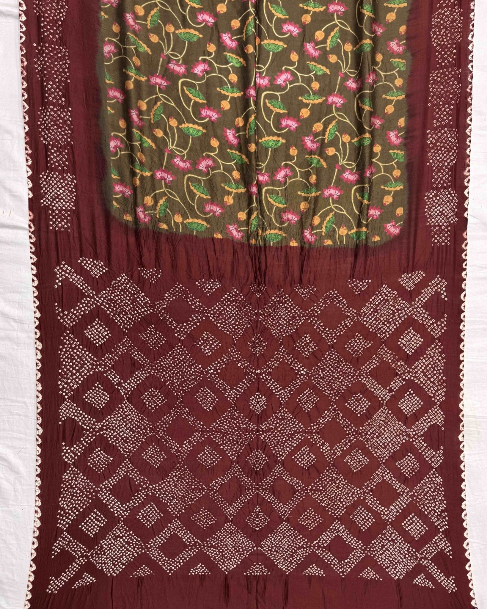 Maroon & Light Brown Picchwai Bandhani Saree - SindhoiPatolaArt