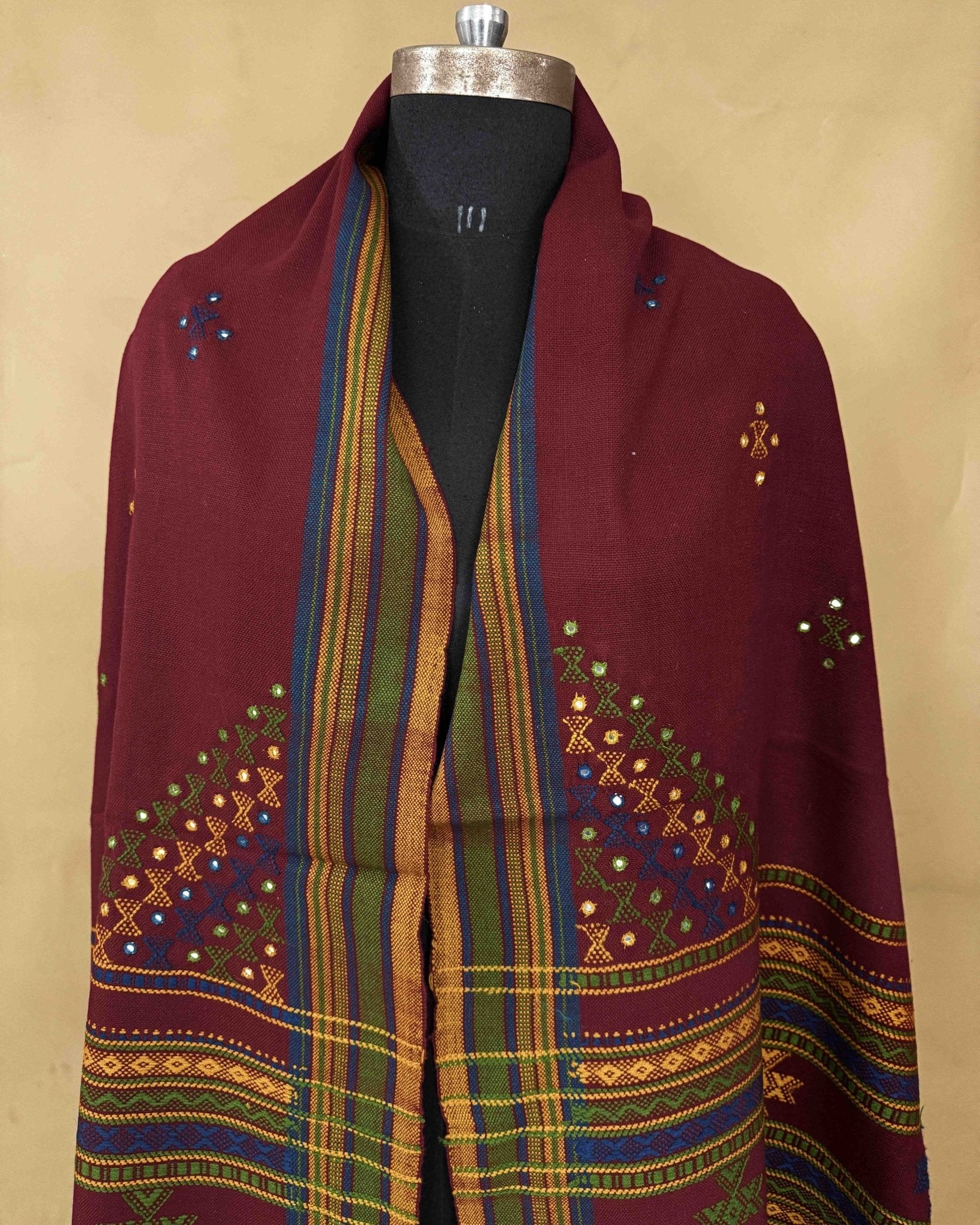 Maroon Red Butta Mirror & Corner Mirror Kutchi Woolen Shawl - SindhoiPatolaArt