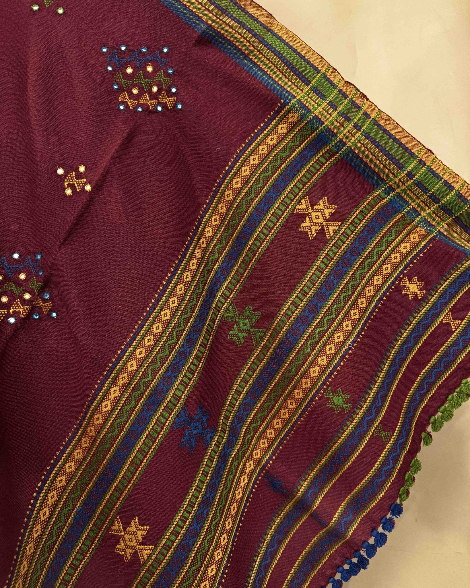 Maroon Red Butta Mirror Kutchi Woolen Shawl - SindhoiPatolaArt