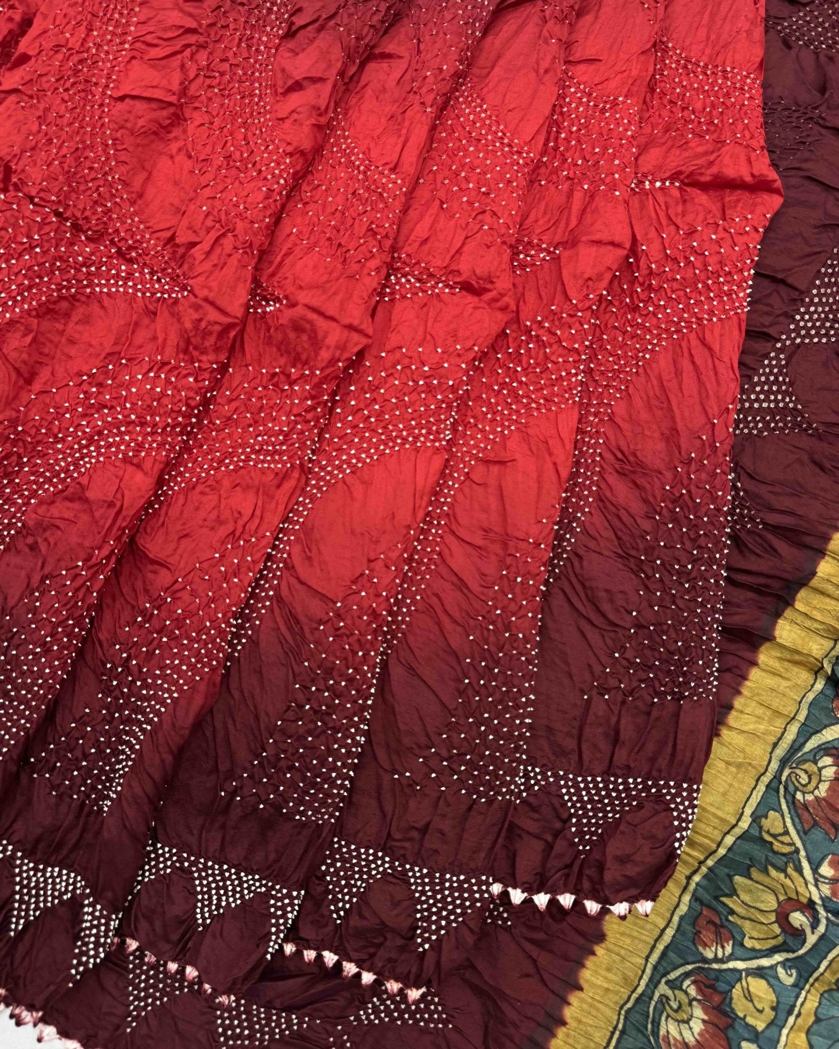 Maroon & Red Shaded Muga Silk Pen Kamalkari Bandhani Saree - SindhoiPatolaArt
