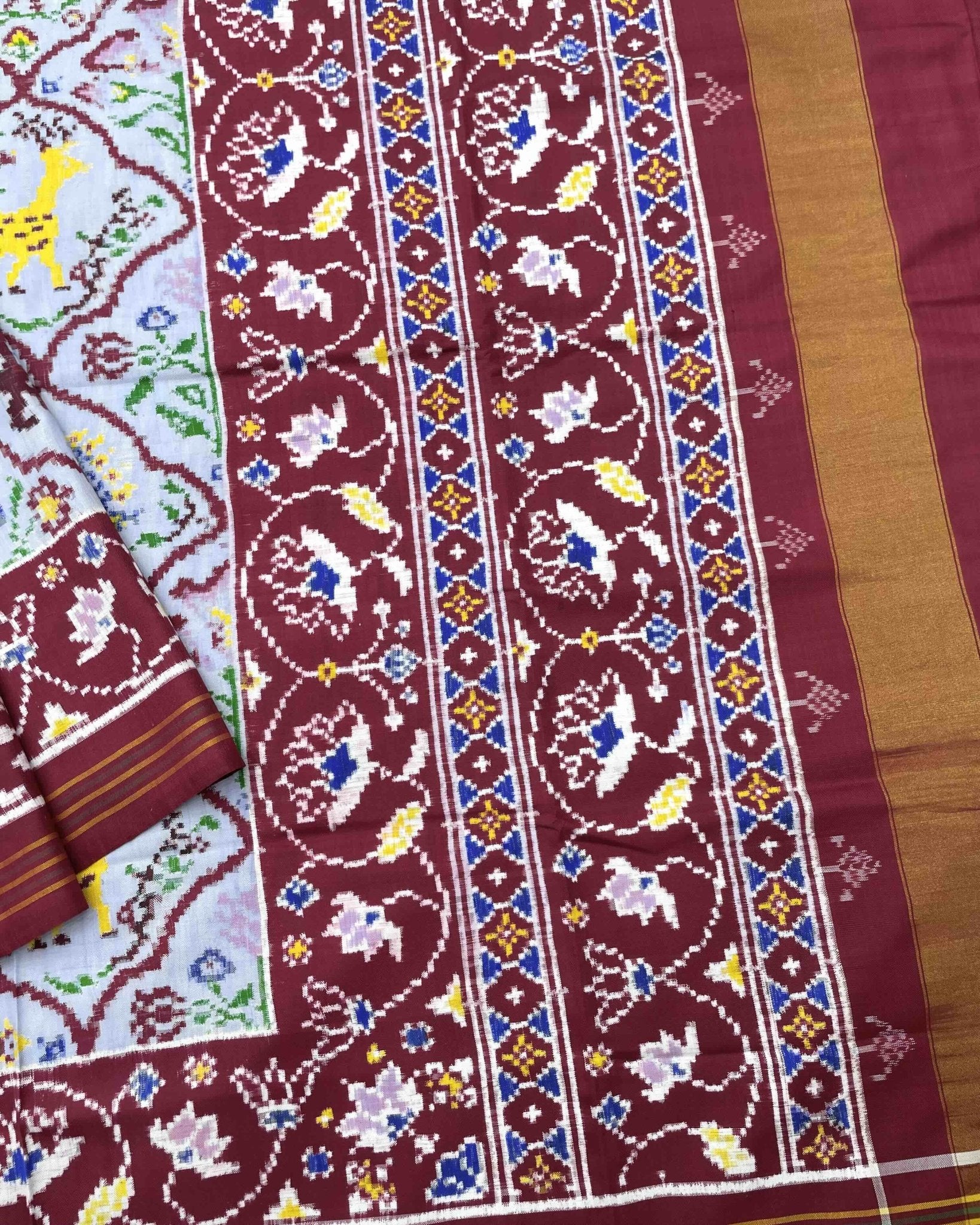 Maroon & Sky Blue Narikunj Design Double Ikat Patola Saree - SindhoiPatolaArt