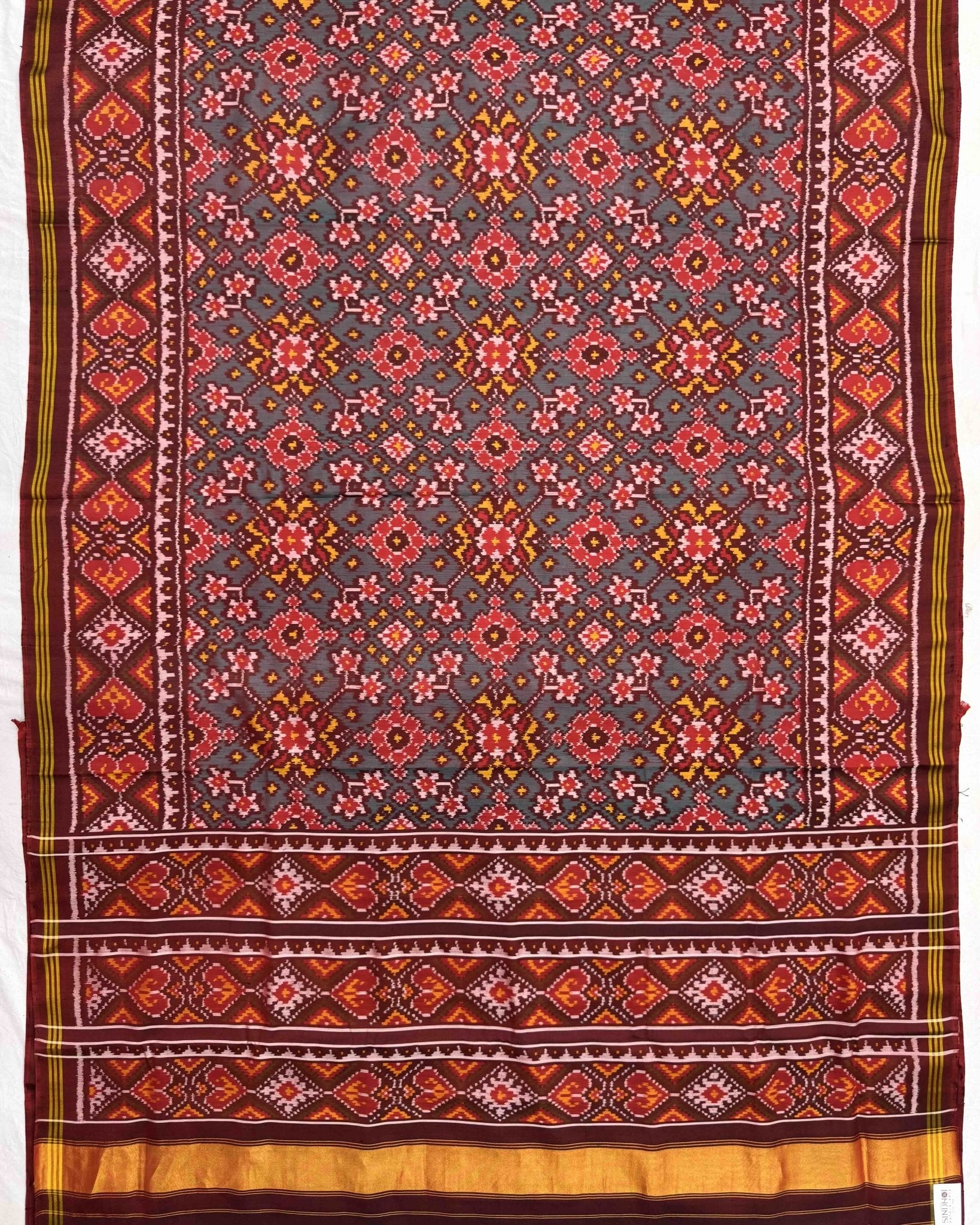 Maroon & Turquoise Navratan Semi Double Ikat Patola Saree - SindhoiPatolaArt