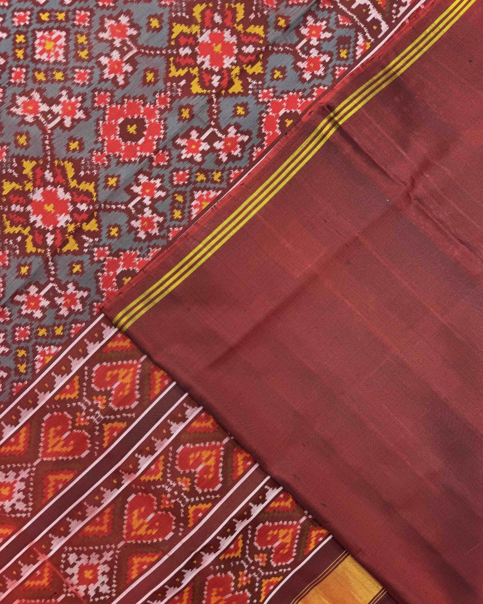 Maroon & Turquoise Navratan Semi Double Ikat Patola Saree - SindhoiPatolaArt