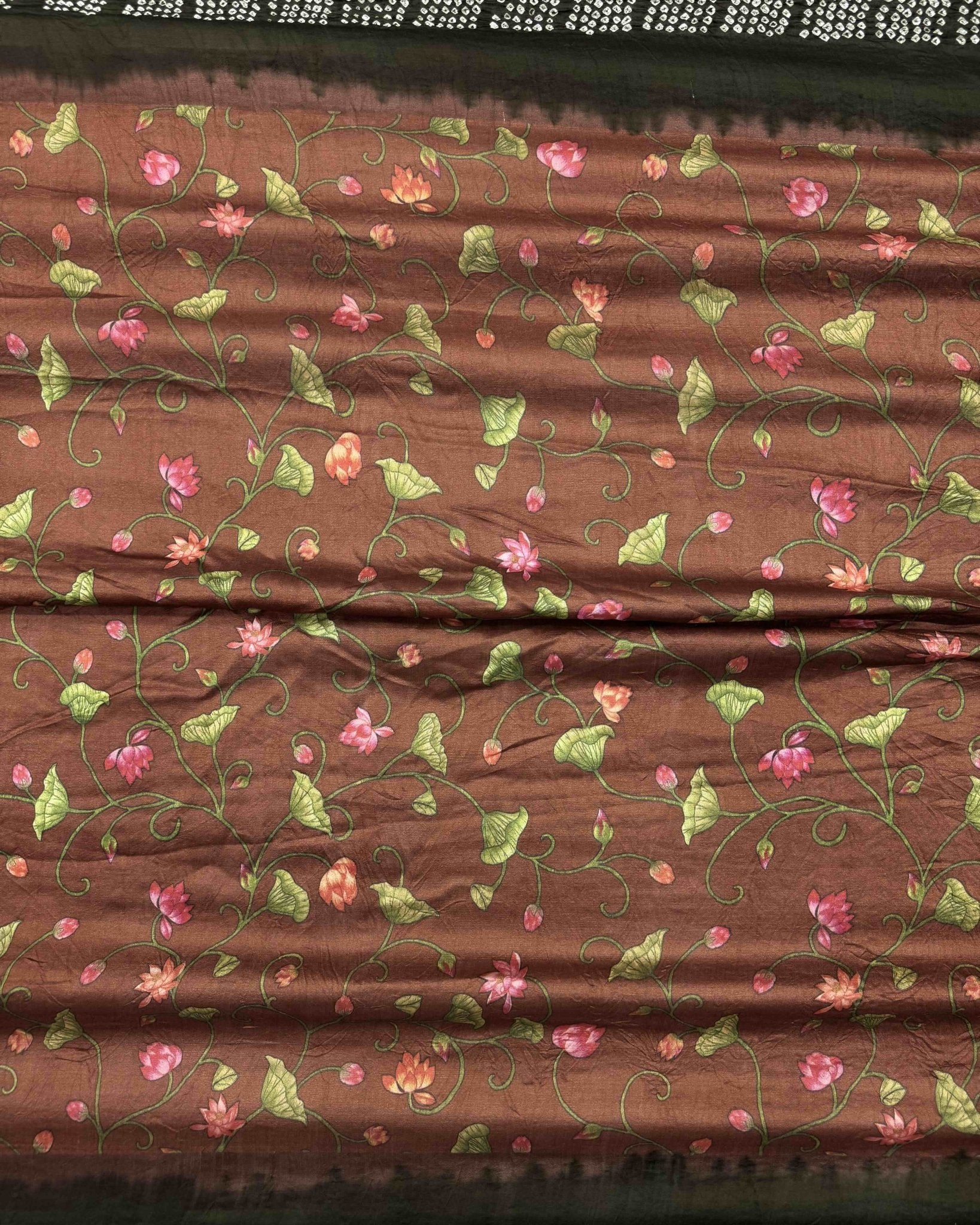 Mehendi Green & Brown Pichhwai Bandhani Saree - SindhoiPatolaArt