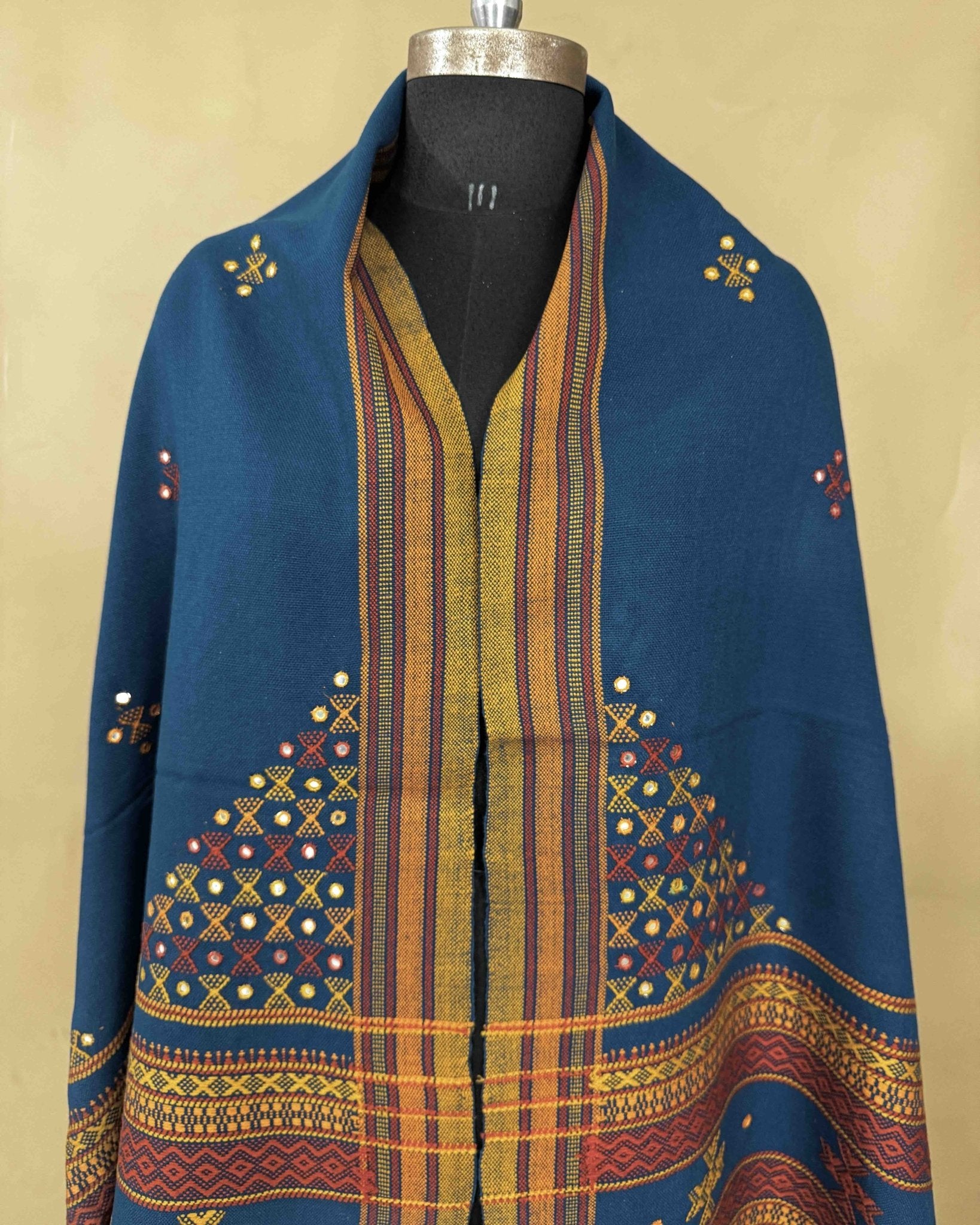 Mor Peach Blue Butta Mirror & Corner Mirror Kutchi Woolen Shawl - SindhoiPatolaArt