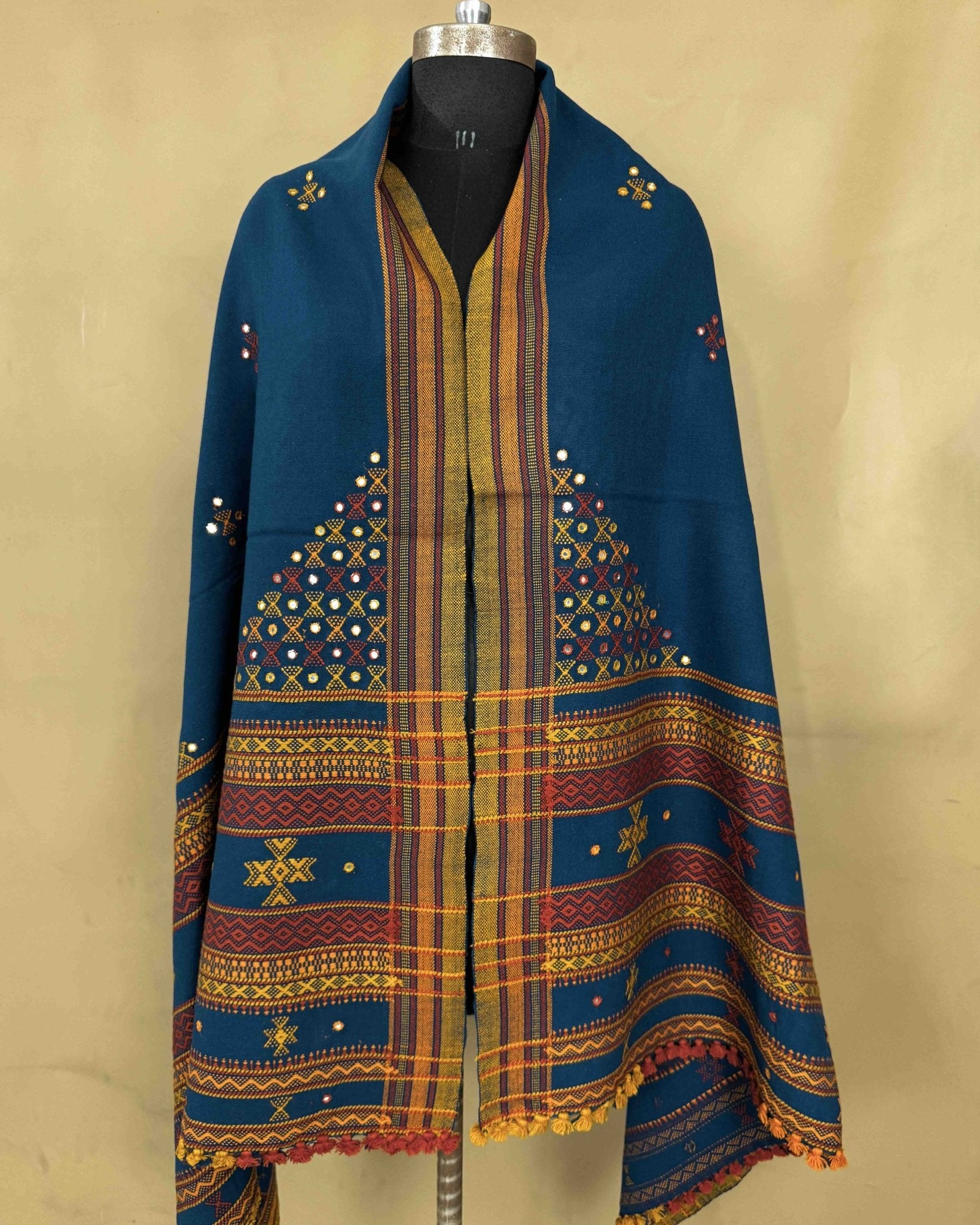 Mor Peach Blue Butta Mirror & Corner Mirror Kutchi Woolen Shawl - SindhoiPatolaArt