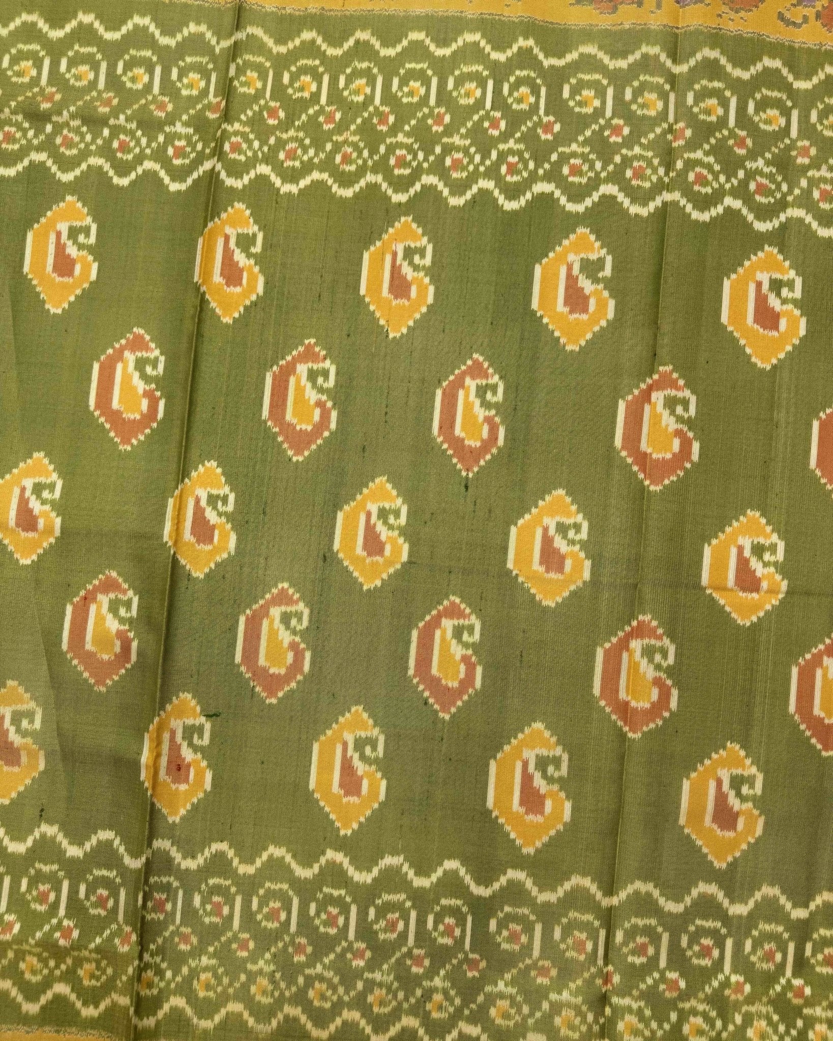 Mustard & Green Fancy Mango Semi Double Ikat Patola Saree - SindhoiPatolaArt