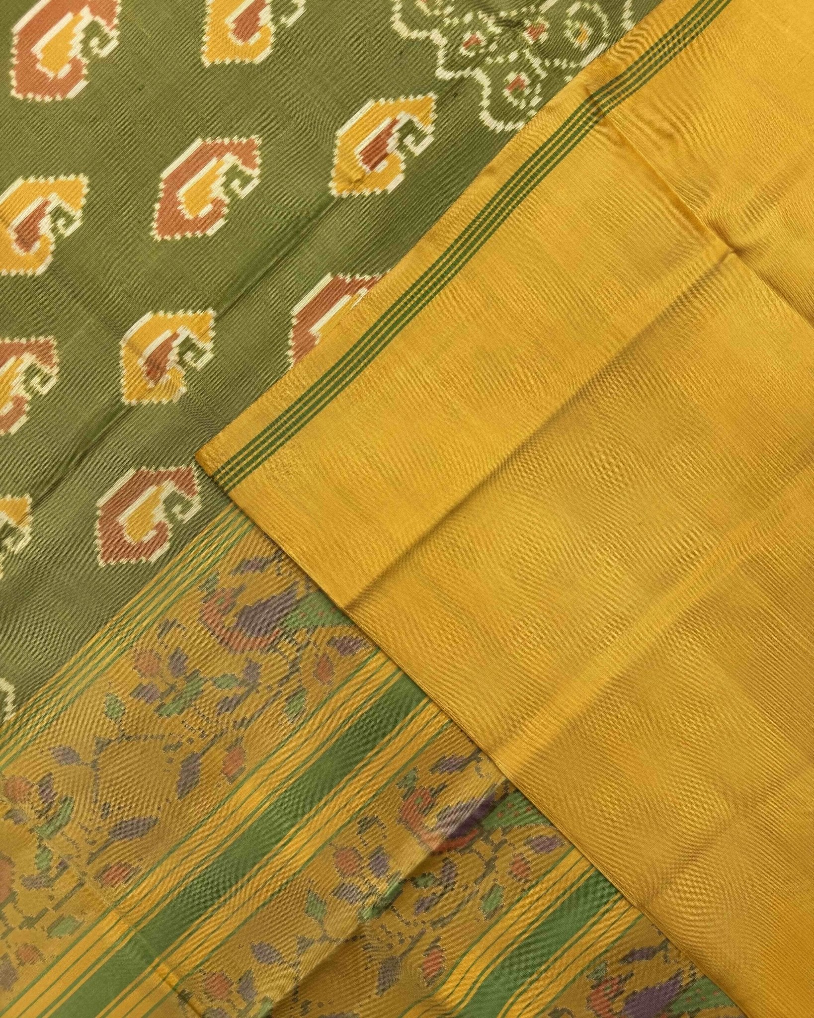 Mustard & Green Fancy Mango Semi Double Ikat Patola Saree - SindhoiPatolaArt
