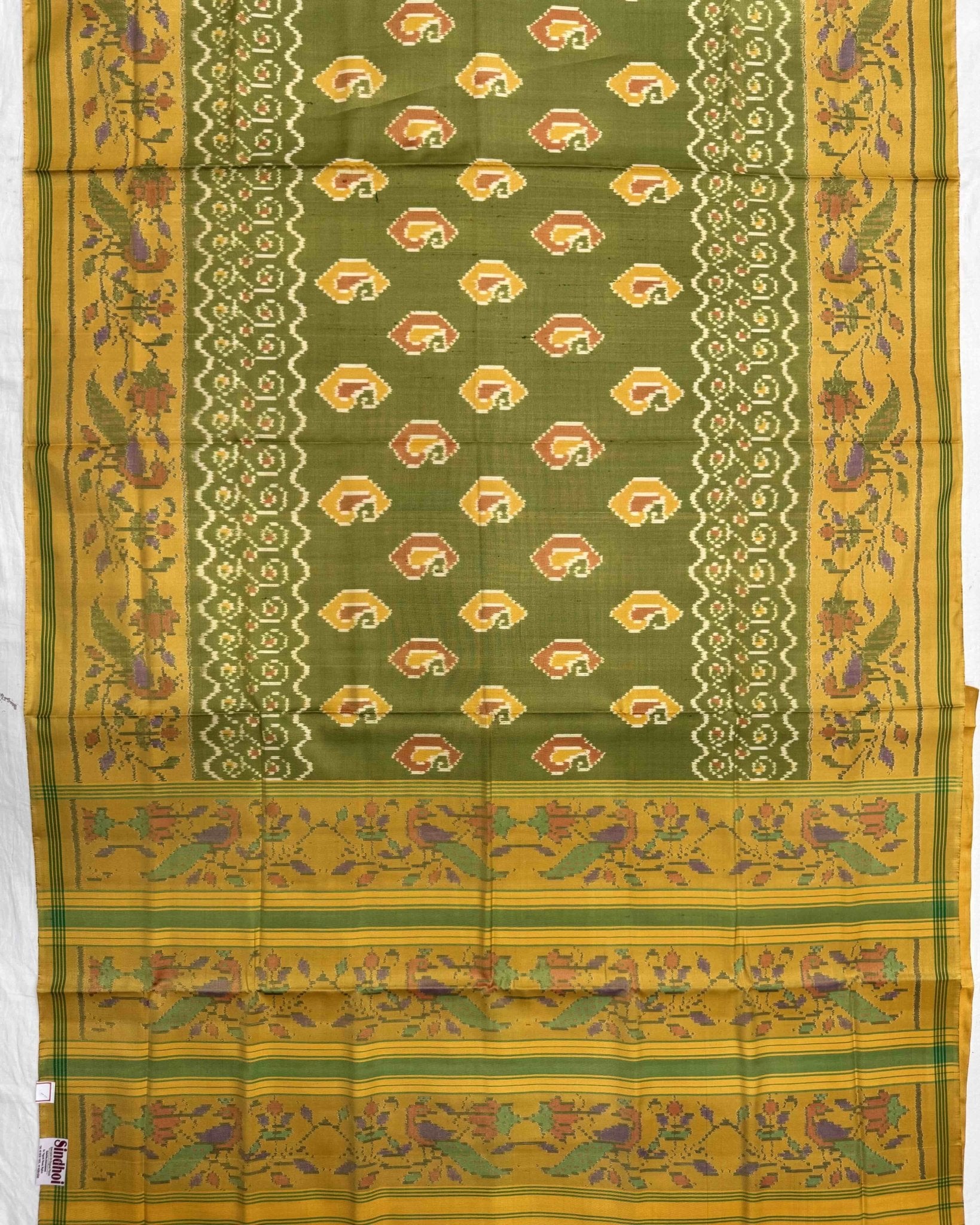 Mustard & Green Fancy Mango Semi Double Ikat Patola Saree - SindhoiPatolaArt