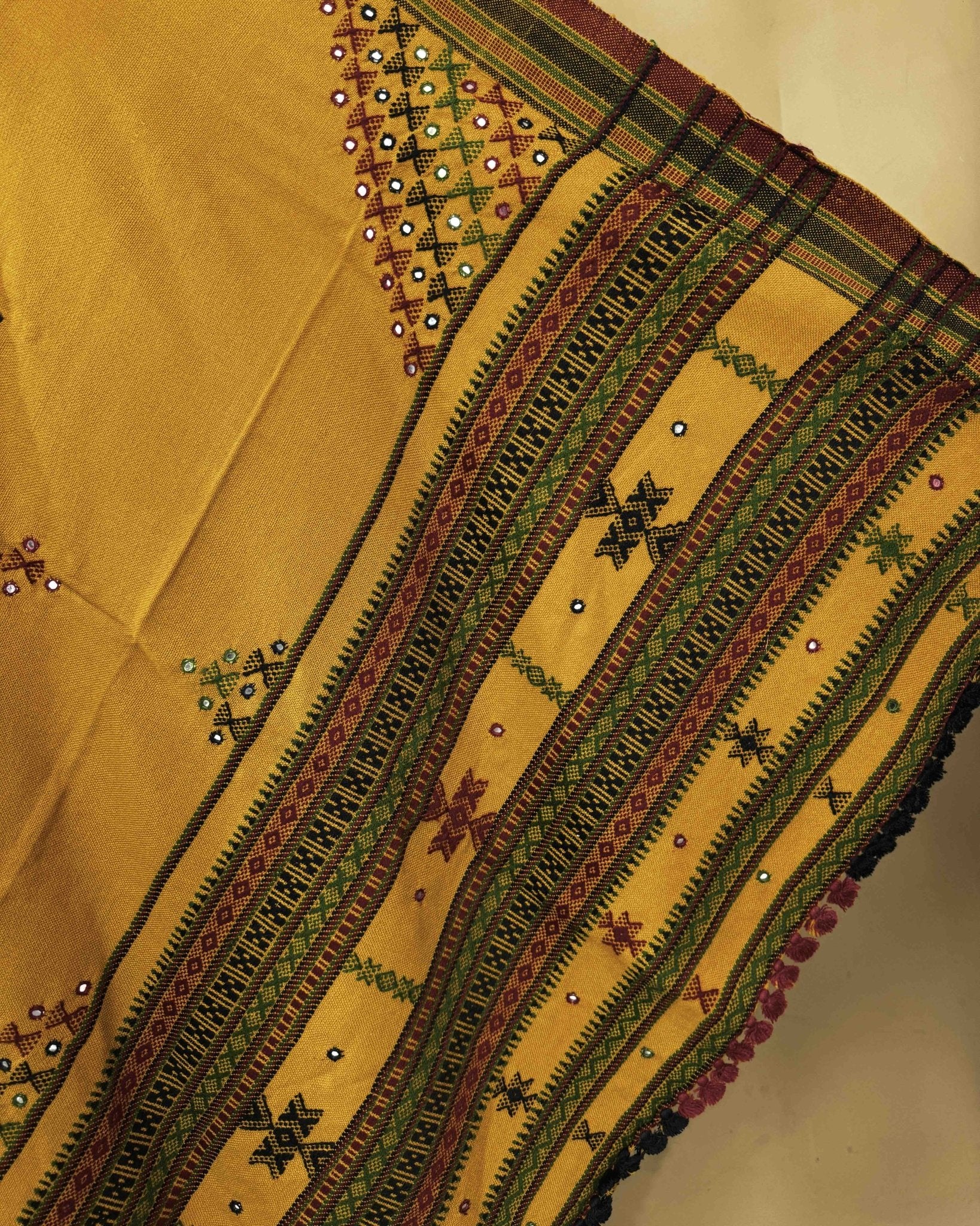 Mustard Yellow Butta Mirror & Corner Mirror Kutchi Woolen Shawl - SindhoiPatolaArt