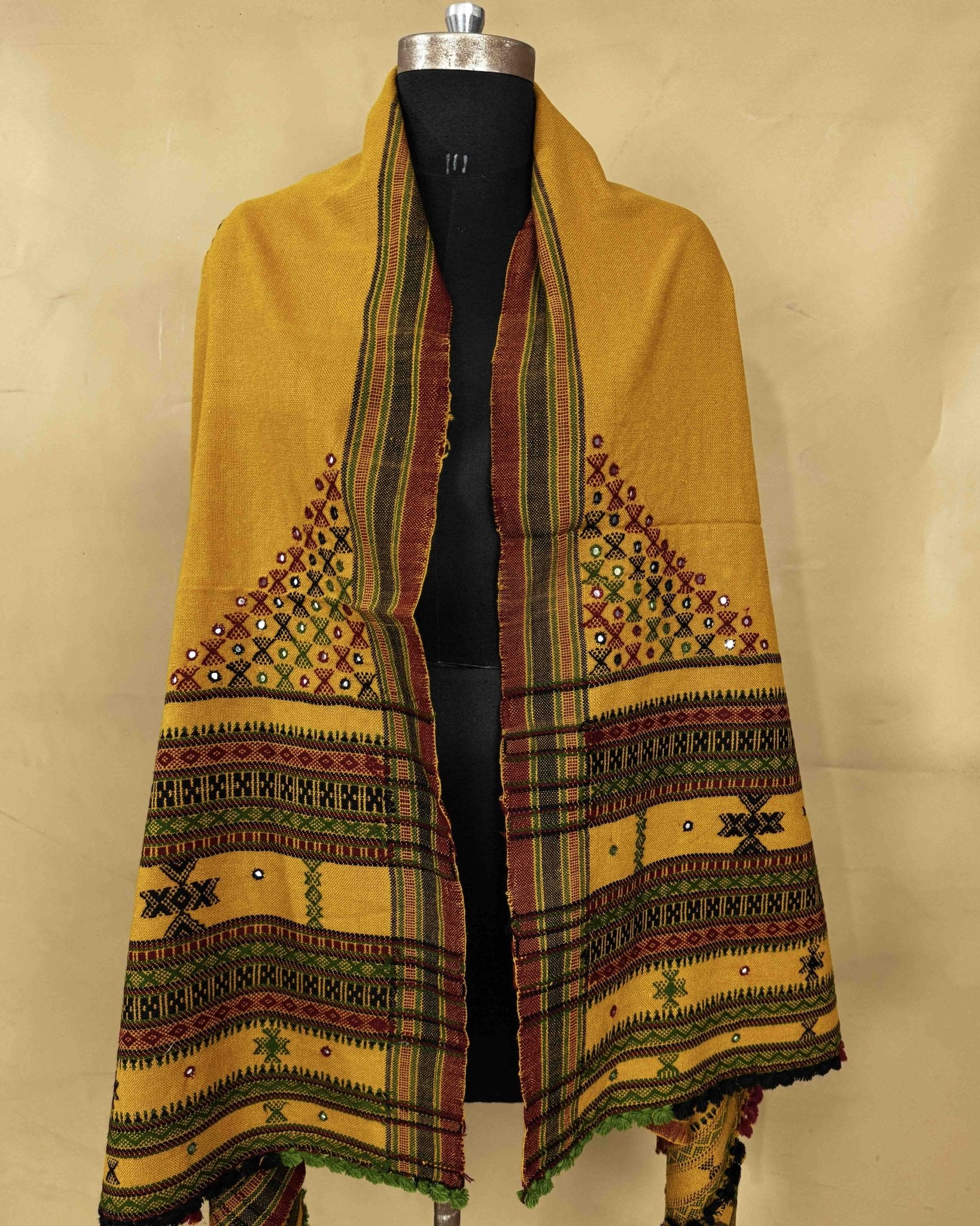 Mustard Yellow Butta Mirror & Corner Mirror Kutchi Woolen Shawl - SindhoiPatolaArt