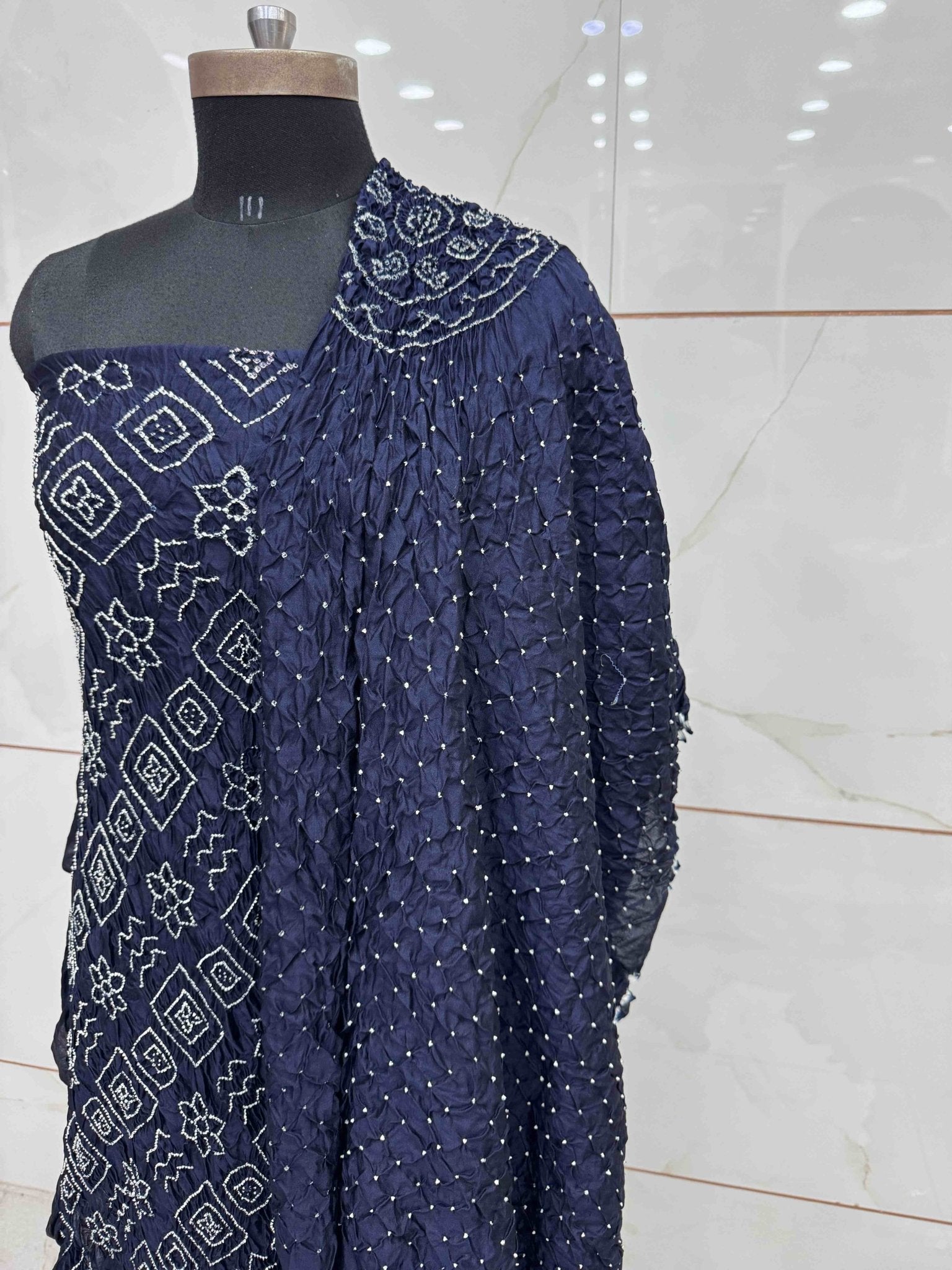 Navy Blue Chiniya Silk Bandhani Dress Material - SindhoiPatolaArt