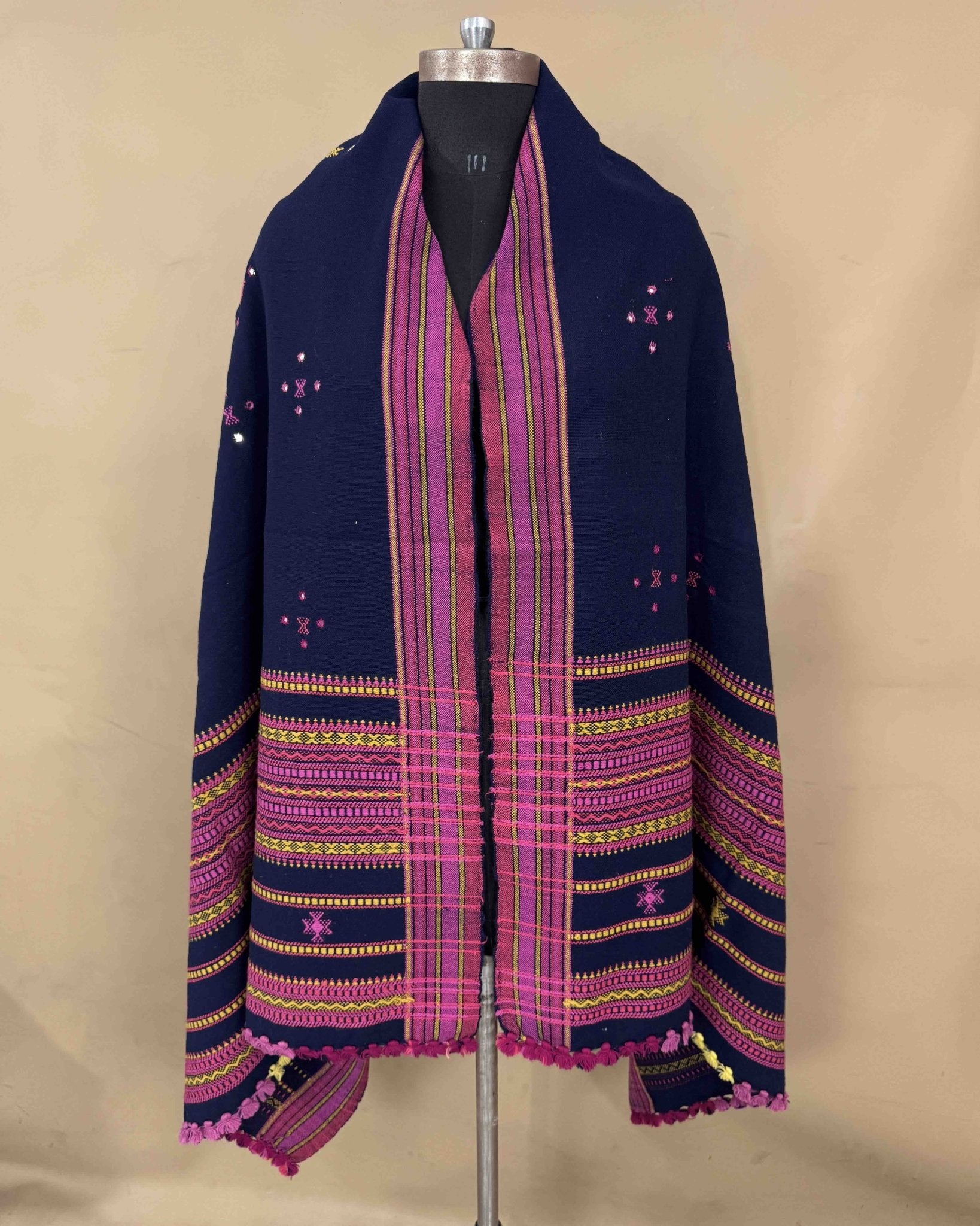 Navy Blue Chomukh Mirror Kutchi Woolen Shawl - SindhoiPatolaArt