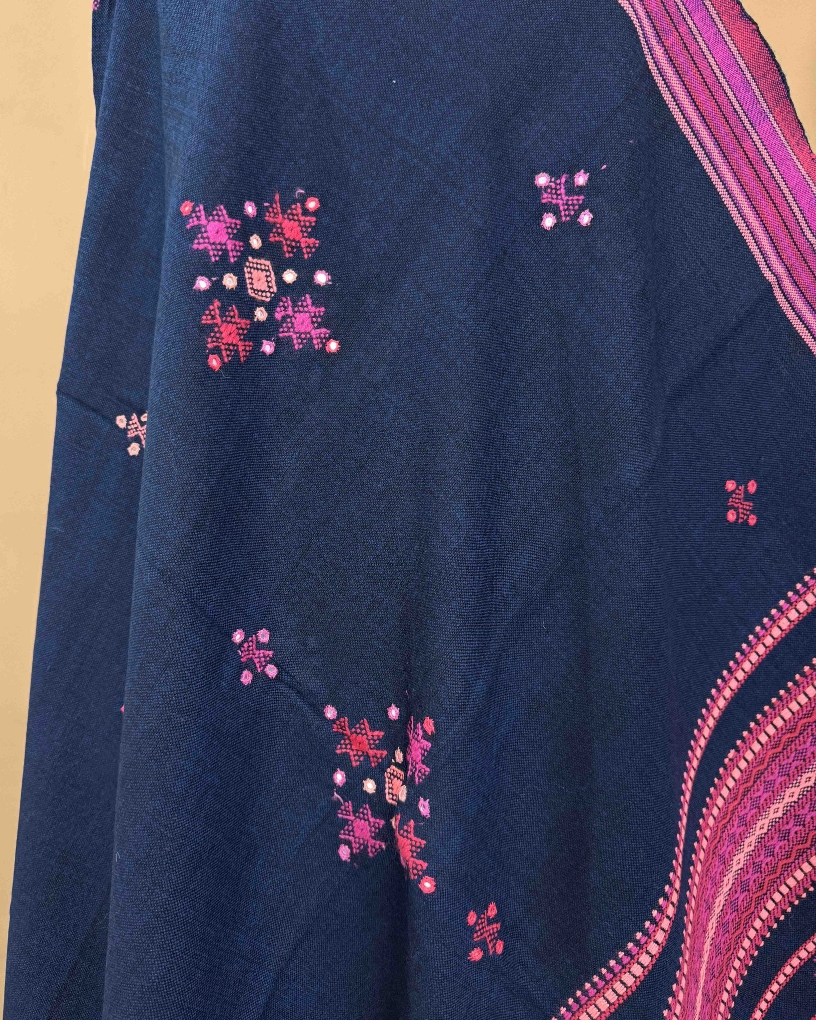 Navy Blue & Pink Chomukh Mirror Kutchi Woolen Shawl - SindhoiPatolaArt