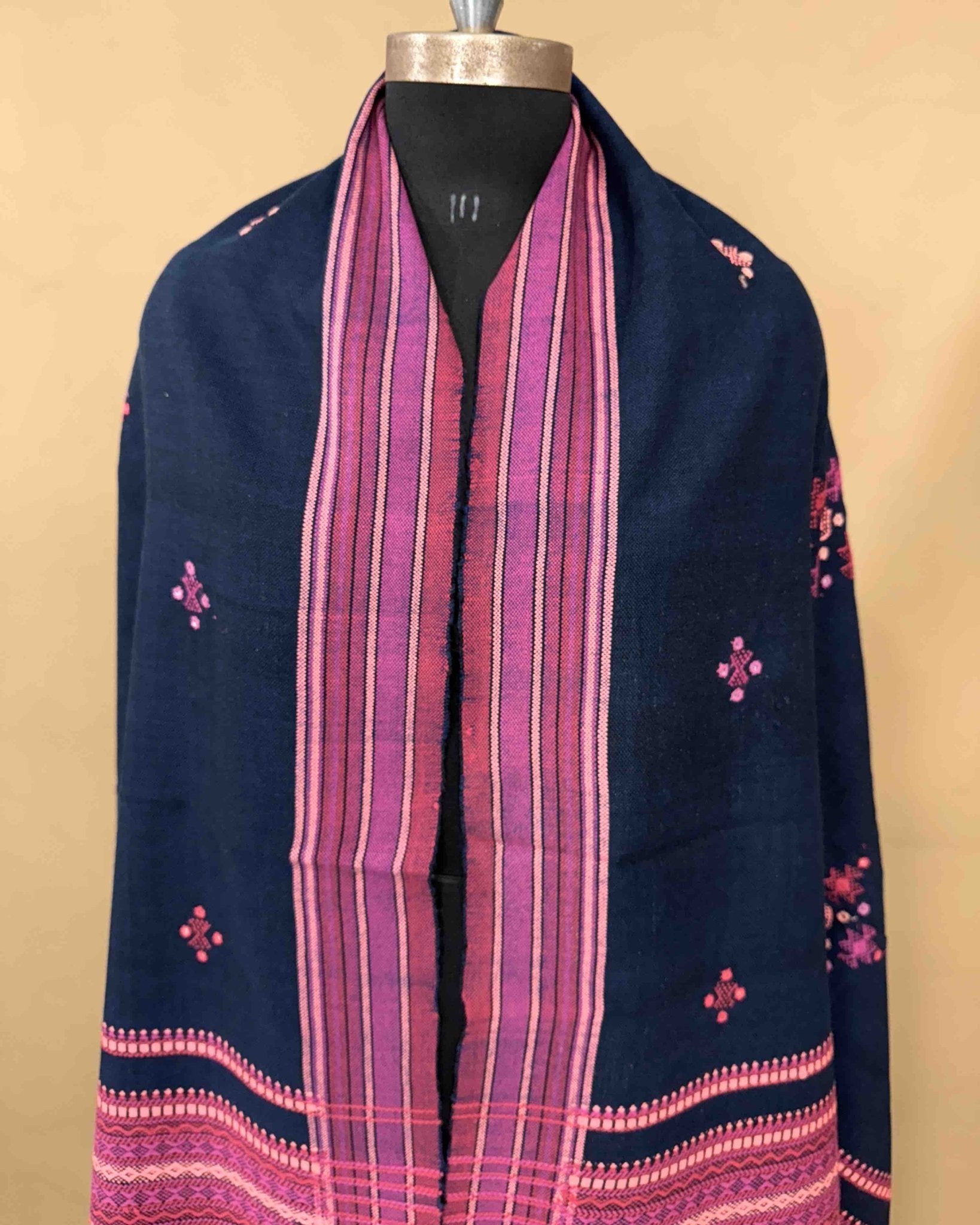 Navy Blue & Pink Chomukh Mirror Kutchi Woolen Shawl - SindhoiPatolaArt