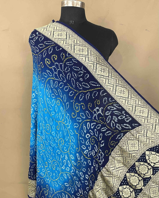 Navy Blue & Sky Shaded Georgette Bandhani Dupatta - SindhoiPatolaArt
