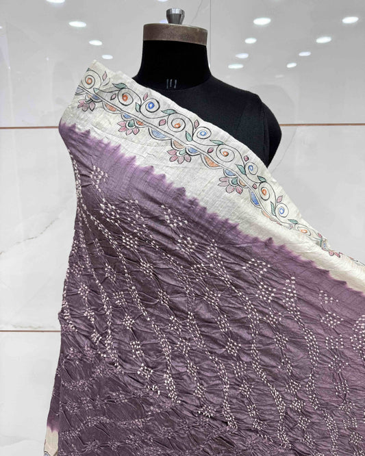 Off white & Onion Madhubani Bandhani Dupatta - SindhoiPatolaArt