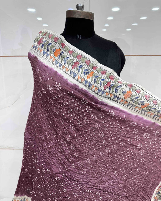 Off white & Onion Madhubani Bandhani Dupatta - SindhoiPatolaArt