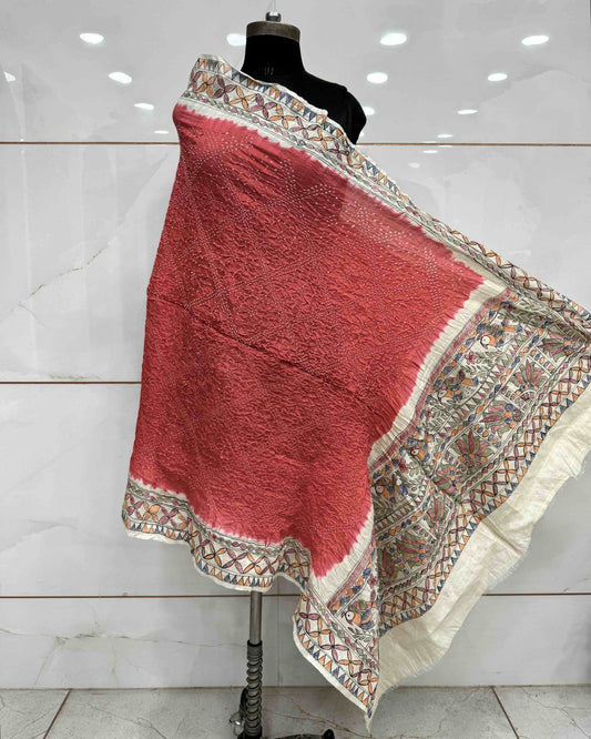 Off white & Orange Madhubani Bandhani Dupatta - SindhoiPatolaArt
