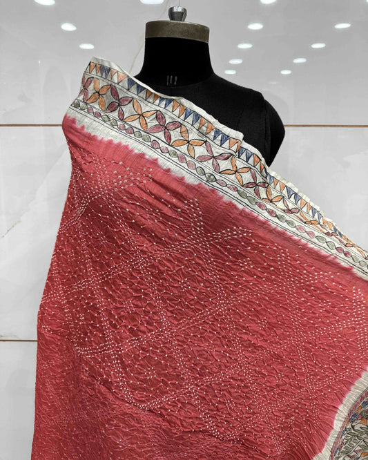 Off white & Orange Madhubani Bandhani Dupatta - SindhoiPatolaArt