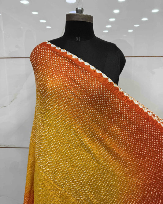 Orange & Yellow Shaded Gajji Silk Bandhani Dupatta - SindhoiPatolaArt