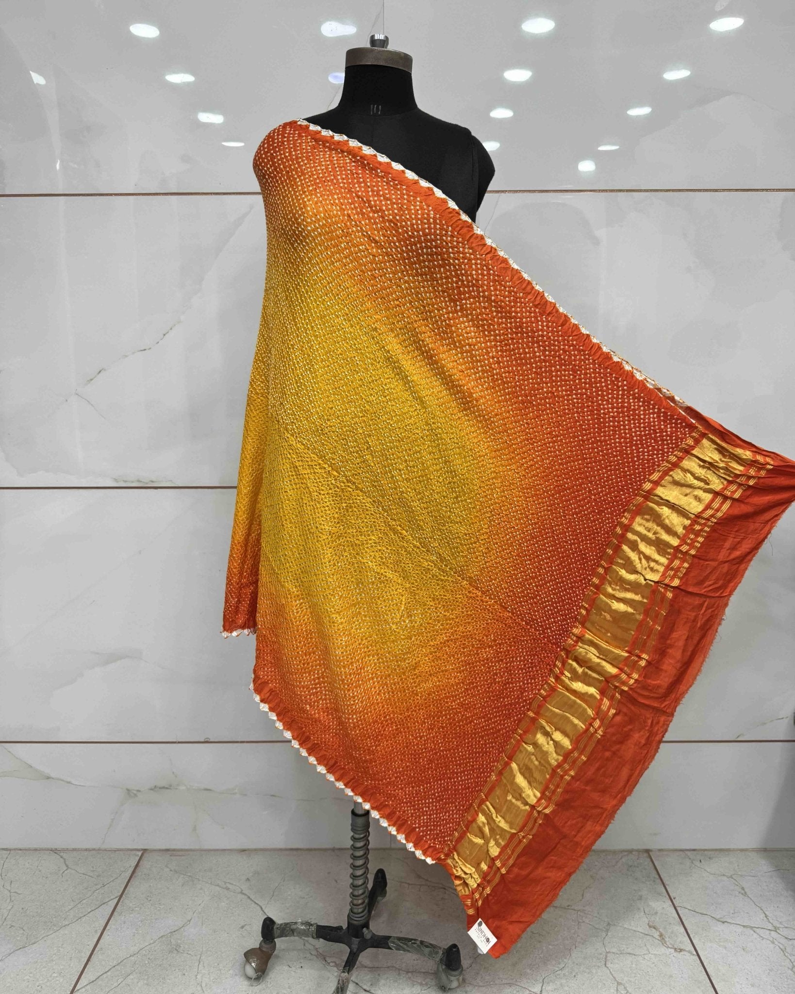 Orange & Yellow Shaded Gajji Silk Bandhani Dupatta - SindhoiPatolaArt