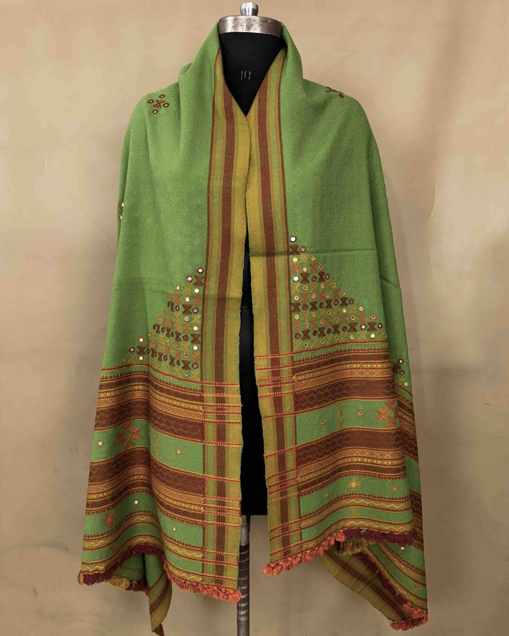 Parrot Green Butta Mirror & Corner Mirror Kutchi Woolen Shawl - SindhoiPatolaArt