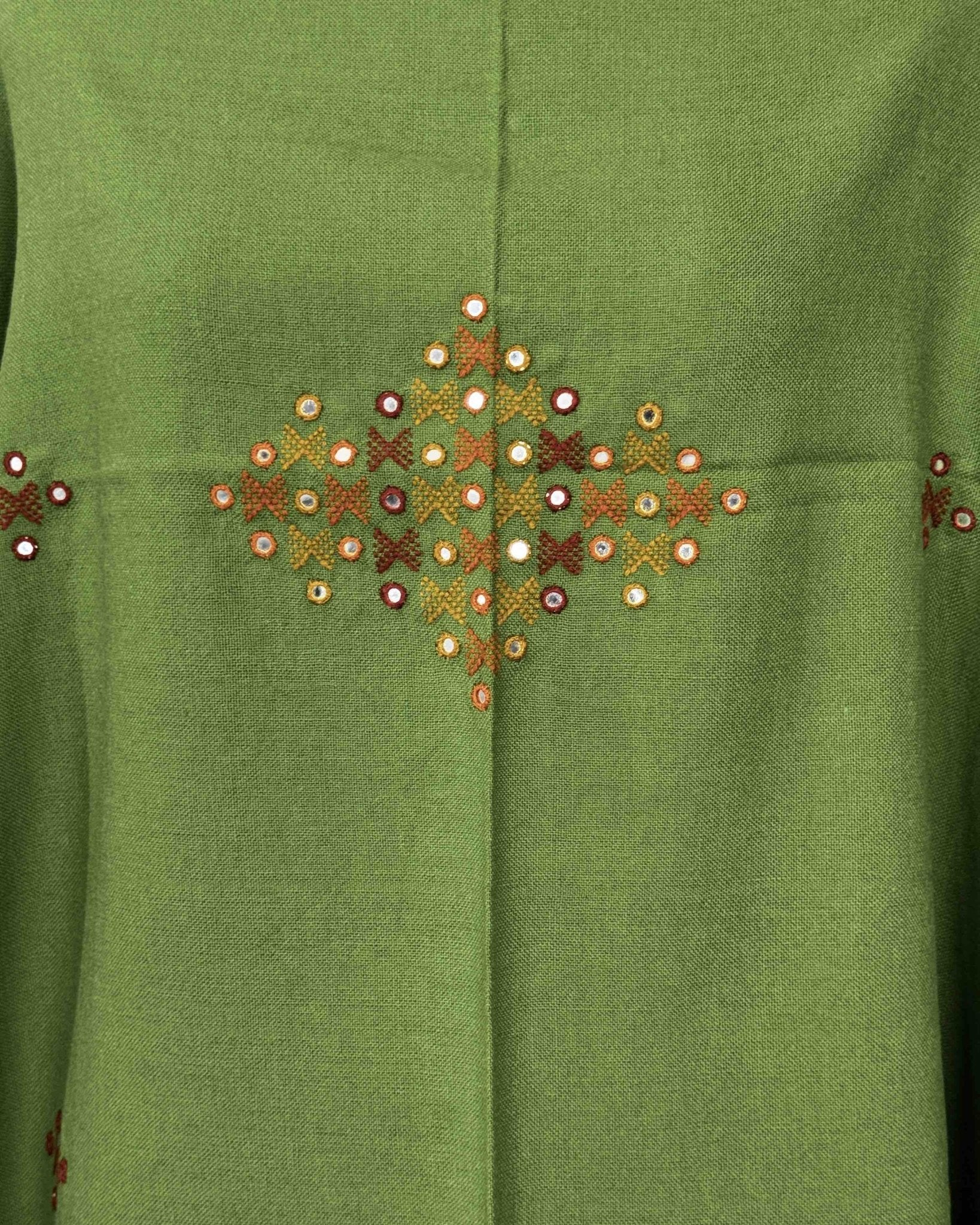 Parrot Green Butta Mirror & Corner Mirror Kutchi Woolen Shawl - SindhoiPatolaArt